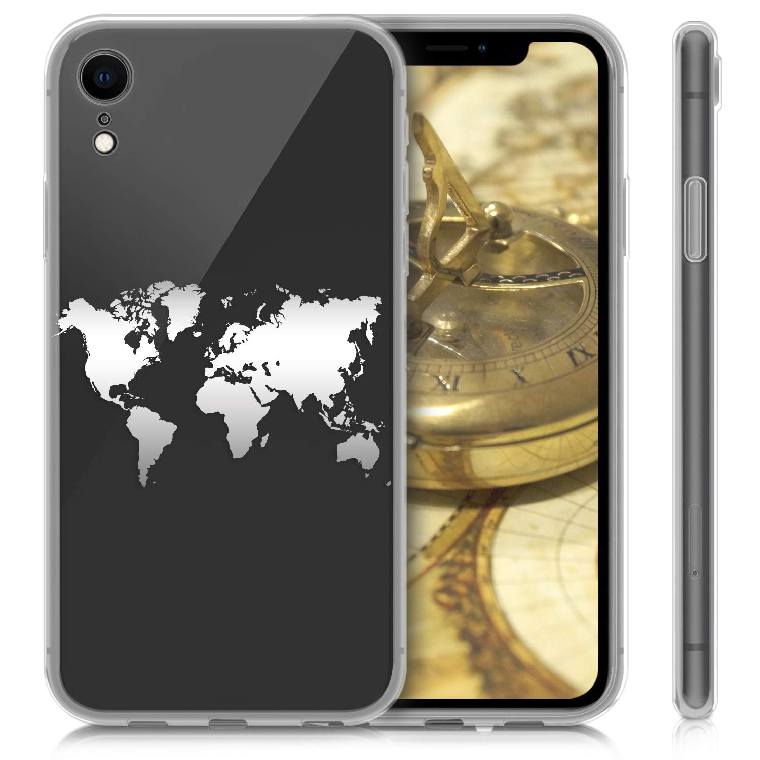kwmobile Flexible TPU Case for Apple iPhone XR - Shockproof Slim Protective Phone Cover in Travel Outline Silver/Transparent - Perfect for Everyday Use, Travel & Outdoor Activities