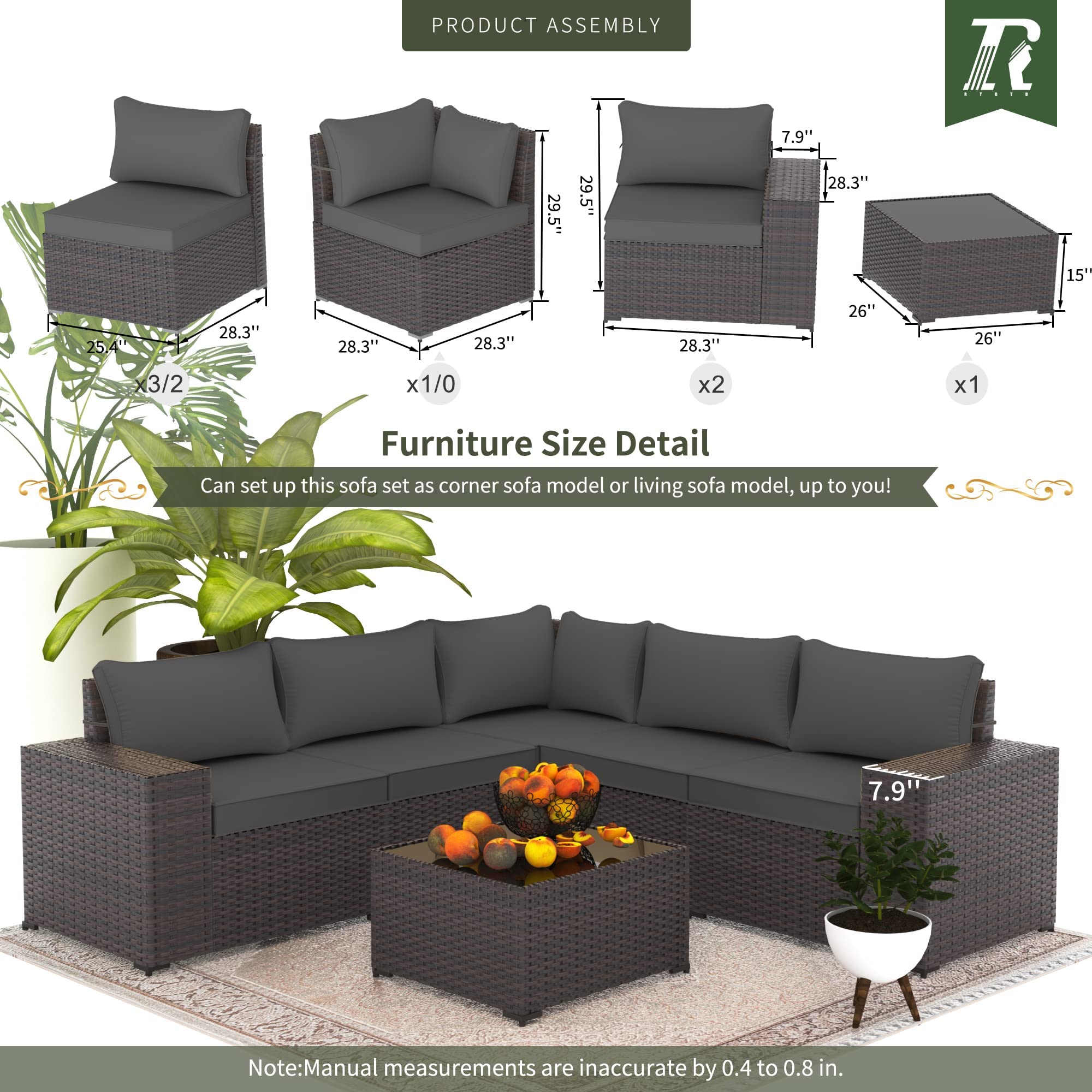 6-Piece Outdoor Patio Furniture Set - All-Weather PE Wicker Modular Sectional Sofa with Coffee Table & 5 Chairs (Grey) - Perfect for Backyard, Garden, Poolside & Deck Relaxation