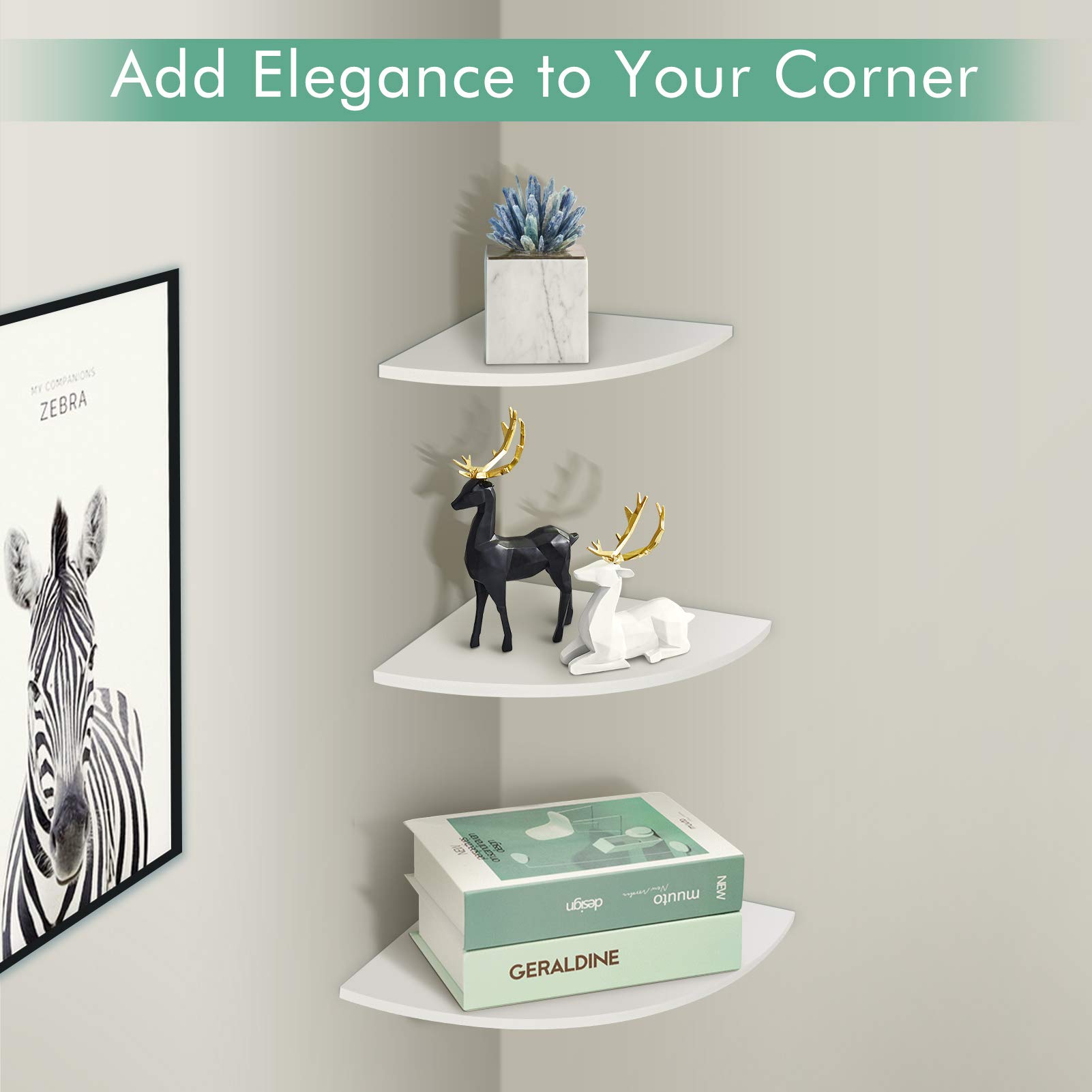 Modern White Floating Corner Shelves Set of 3 - Wall Mount Storage Rack Organizer for Home Decor, Living Room, Bathroom & Kitchen - Perfect for Displaying Plants, Books & Decorative Items