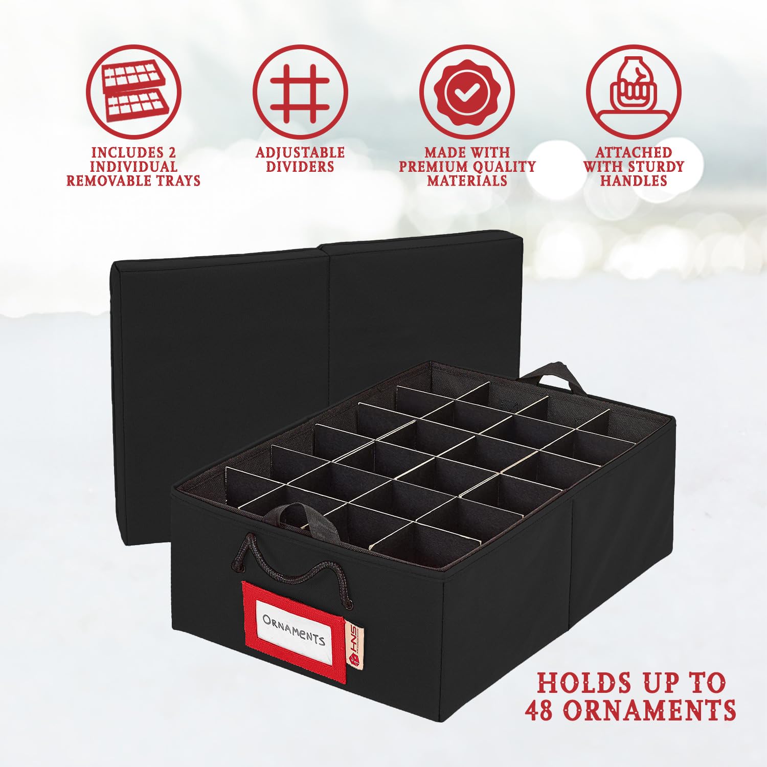 Christmas Ornament Storage Box with Dividers & 2 Removable Trays - Holds 48 Ornaments (3 inch) - Durable Black Container for Holiday Decor Organization - Perfect for Xmas Tree Decorations & Seasonal Storage