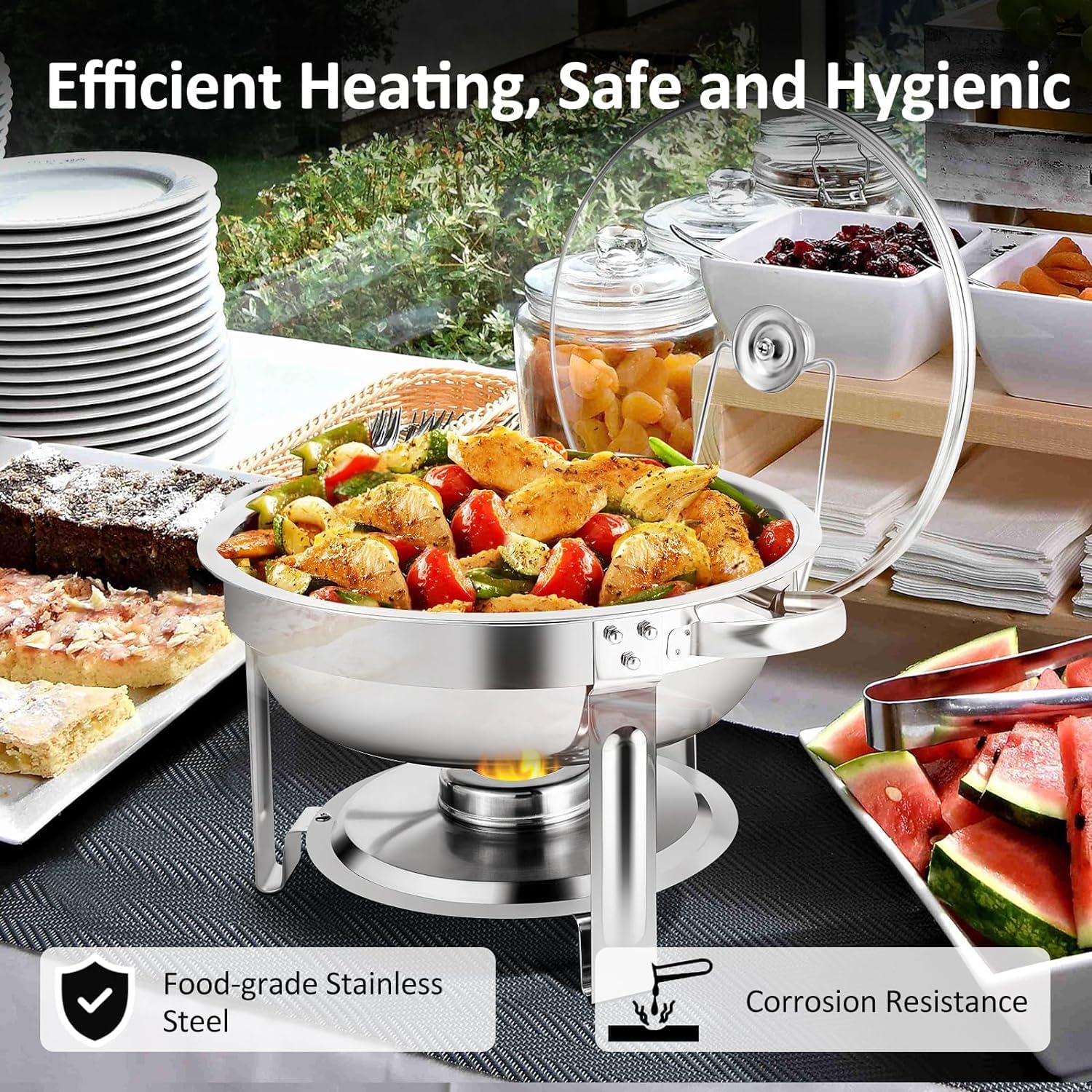 YORKING 4-Pack 4QT Round Chafing Dish Buffet Set with Glass Lid & Holder - Stainless Steel Food Warmer for Catering, Weddings, Parties & Buffets - Keep Food Warm at Events, Banquets & Holiday Dinners
