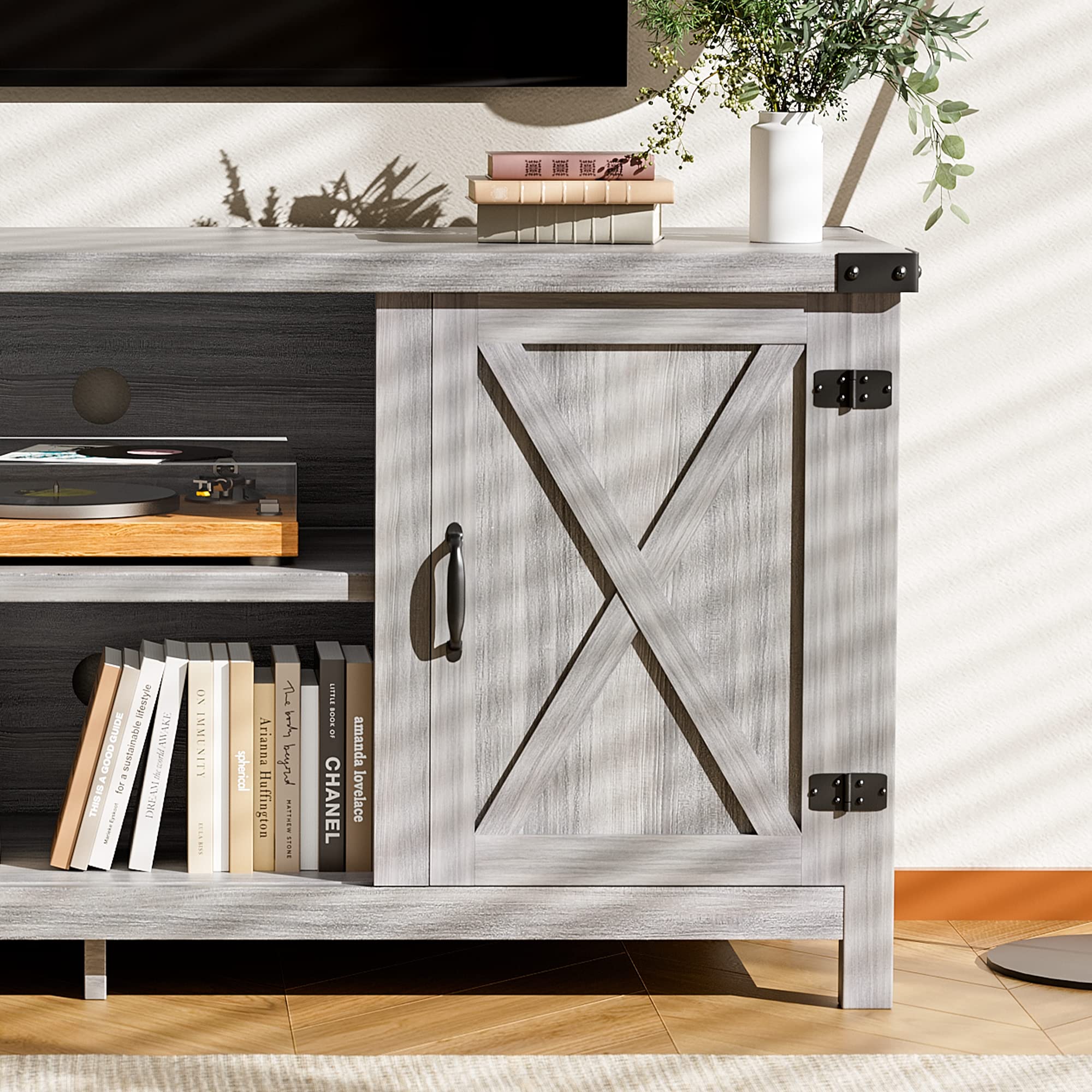 JUMMICO 65 Inch TV Stand - Farmhouse Style Entertainment Center with Double Barn Doors & Storage Cabinets, Media Console Table for Living Room & Bedroom (Grey) - Perfect for Rustic Home Decor & TV Organization