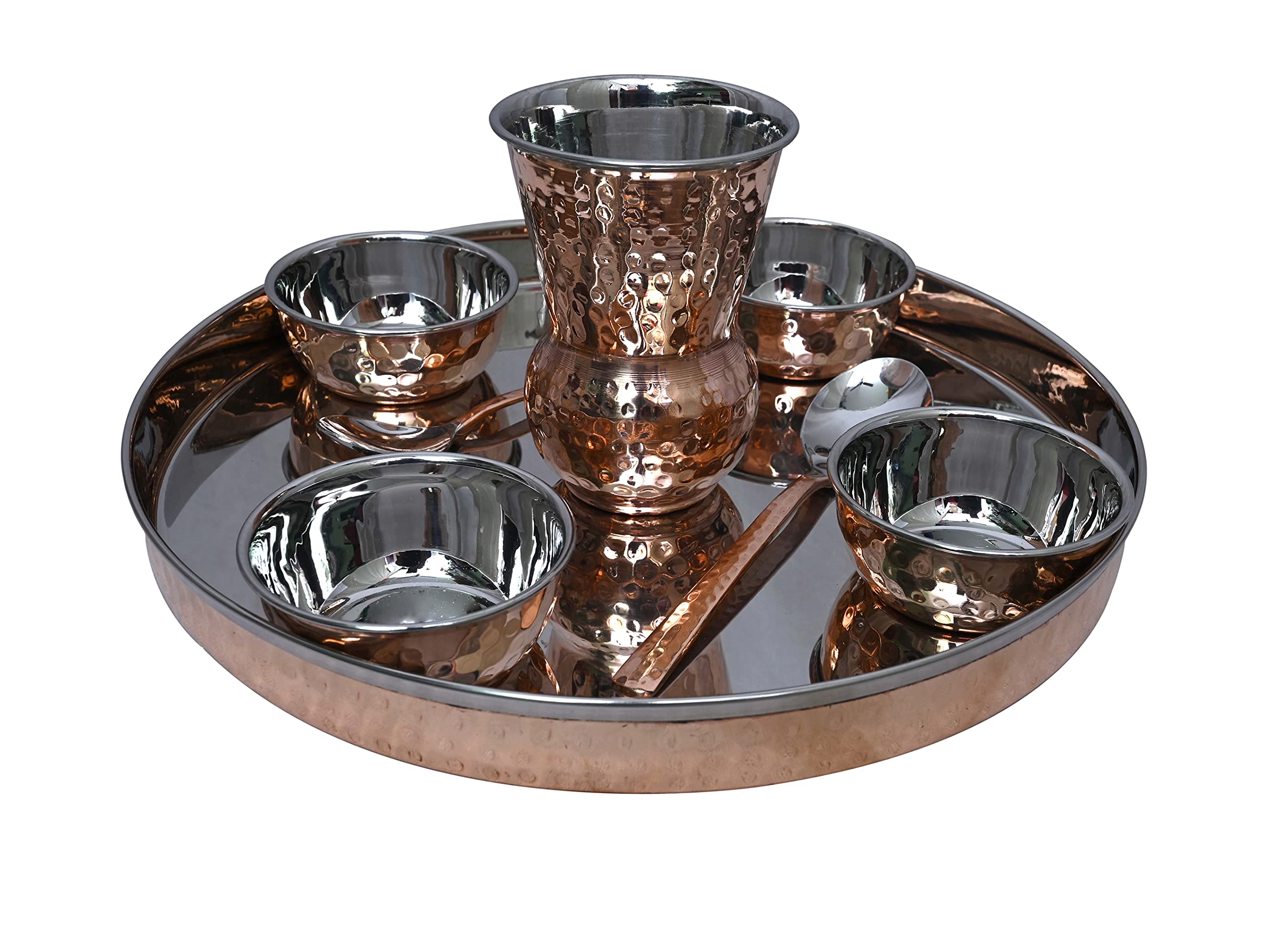 Parijat Handicraft Stainless Steel & Copper Traditional Indian Thali Dinner Set - 12 Inch Plate, Bowls, Glass & Spoon for Home Dining, Festivals & Wedding Celebrations