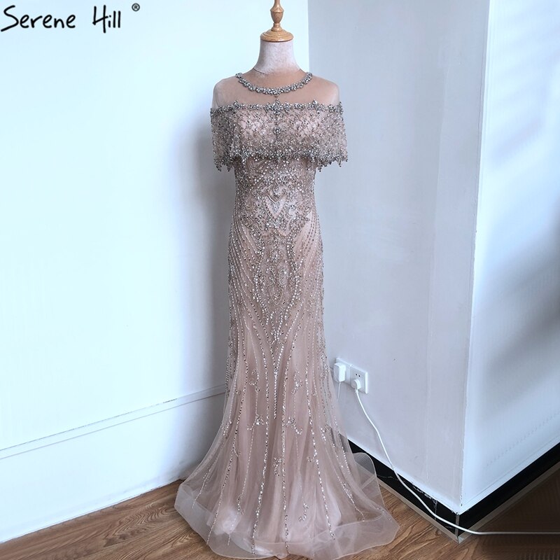 SERENE HILL Women's Nude Mermaid Evening Gown with Diamond Sequins - Luxury Formal Dress for Prom, Gala & Dubai Nightlife - LA70519