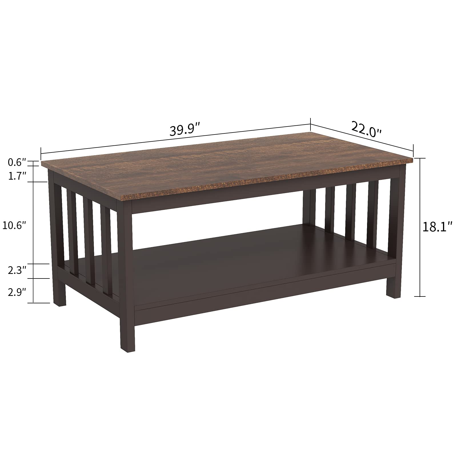 ChooChoo Farmhouse Coffee Table - 40 Inch Rustic Espresso Wooden Living Room Table with Lower Shelf | Perfect for Farmhouse Decor, Small Spaces & Cozy Gatherings