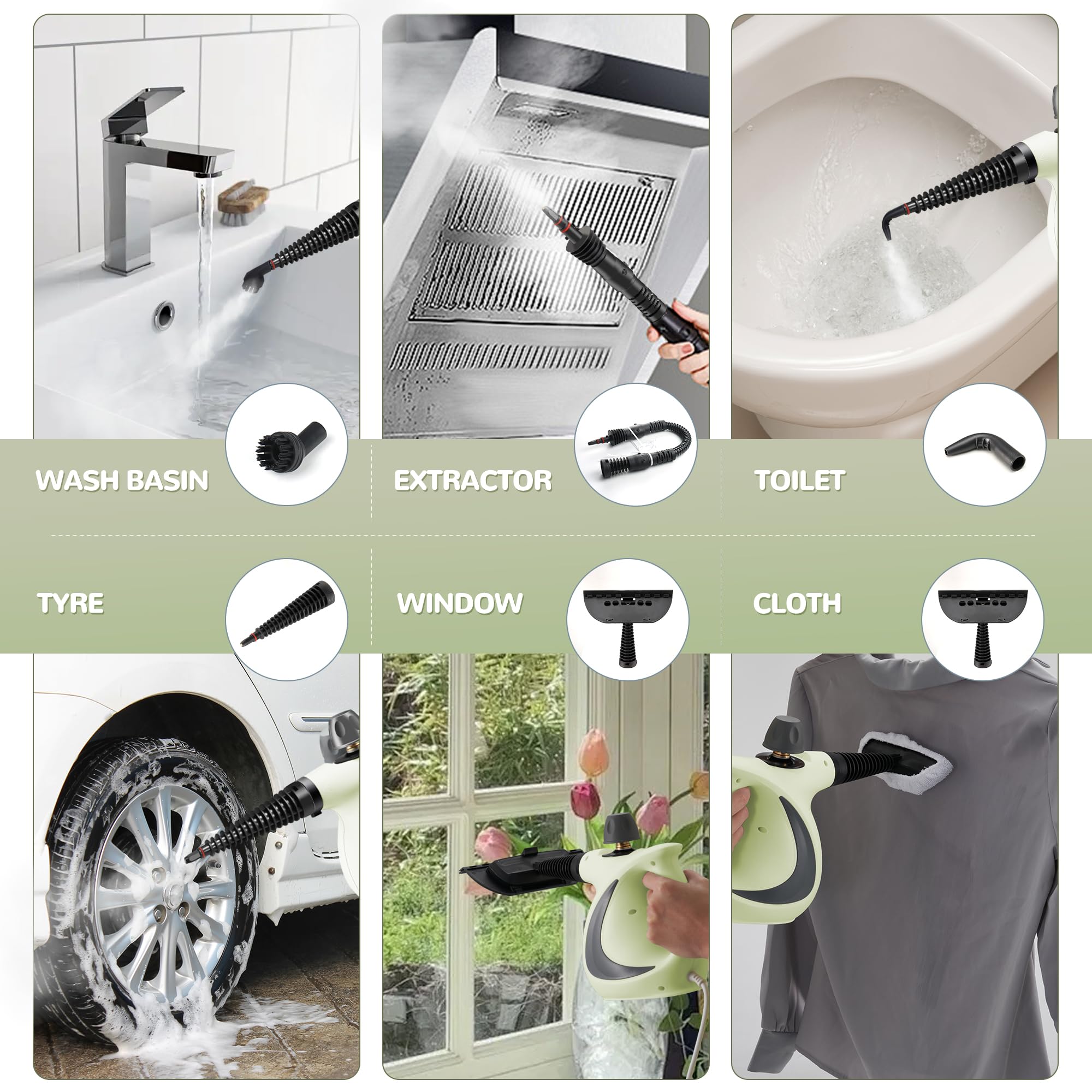 **Spurgehom Handheld Steam Cleaner – Portable Steamer with Large Water Tank, 11-Piece Accessory Kit for Floors, Cars, Carpets, Upholstery, Couches, Tiles & Windows – Green | Perfect for Home, Auto & Office Deep Cleaning**