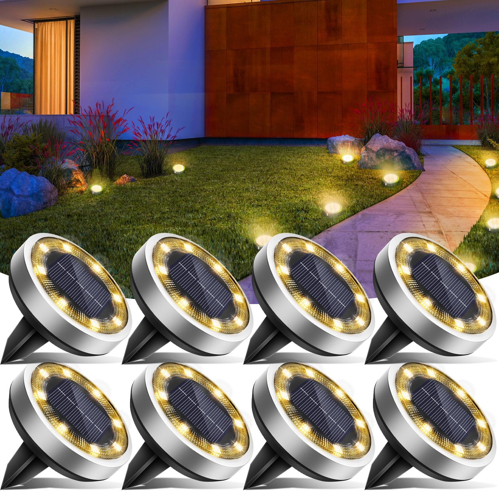 8 Pack Solar Ground Lights Outdoor Waterproof - 3000K Warm White LED Landscape Lighting for Yard, Garden, Pathway, Driveway & Lawn | Perfect for Nighttime Safety & Decorative Outdoor Ambience