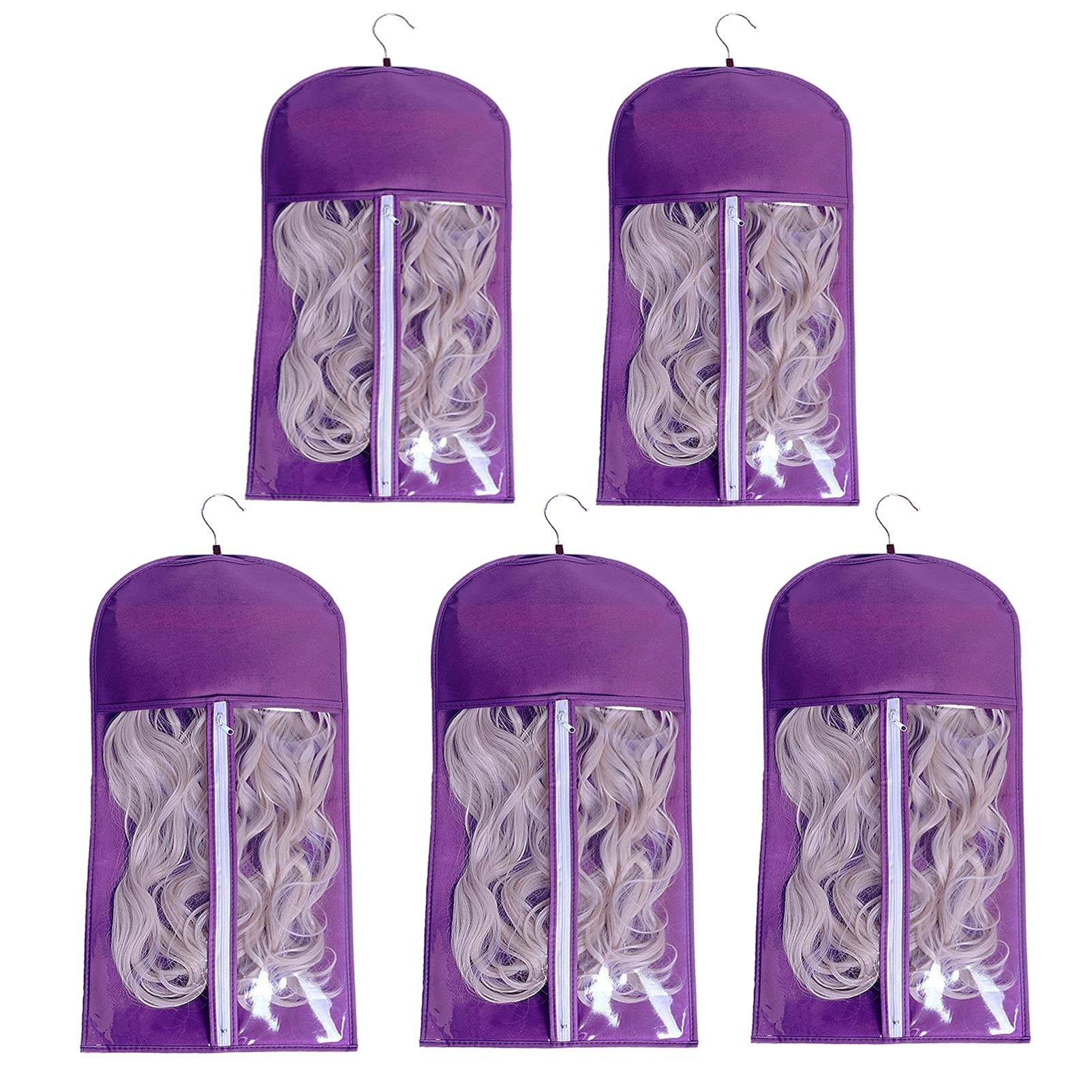 5-Piece Wig Storage Bag Set with 5 Wooden Hangers - Dust-Proof Organizer for Professional Hair Extensions & Wigs (5 Purple Bags + 5 Black Hangers) - Perfect for Salon, Home Storage & Travel