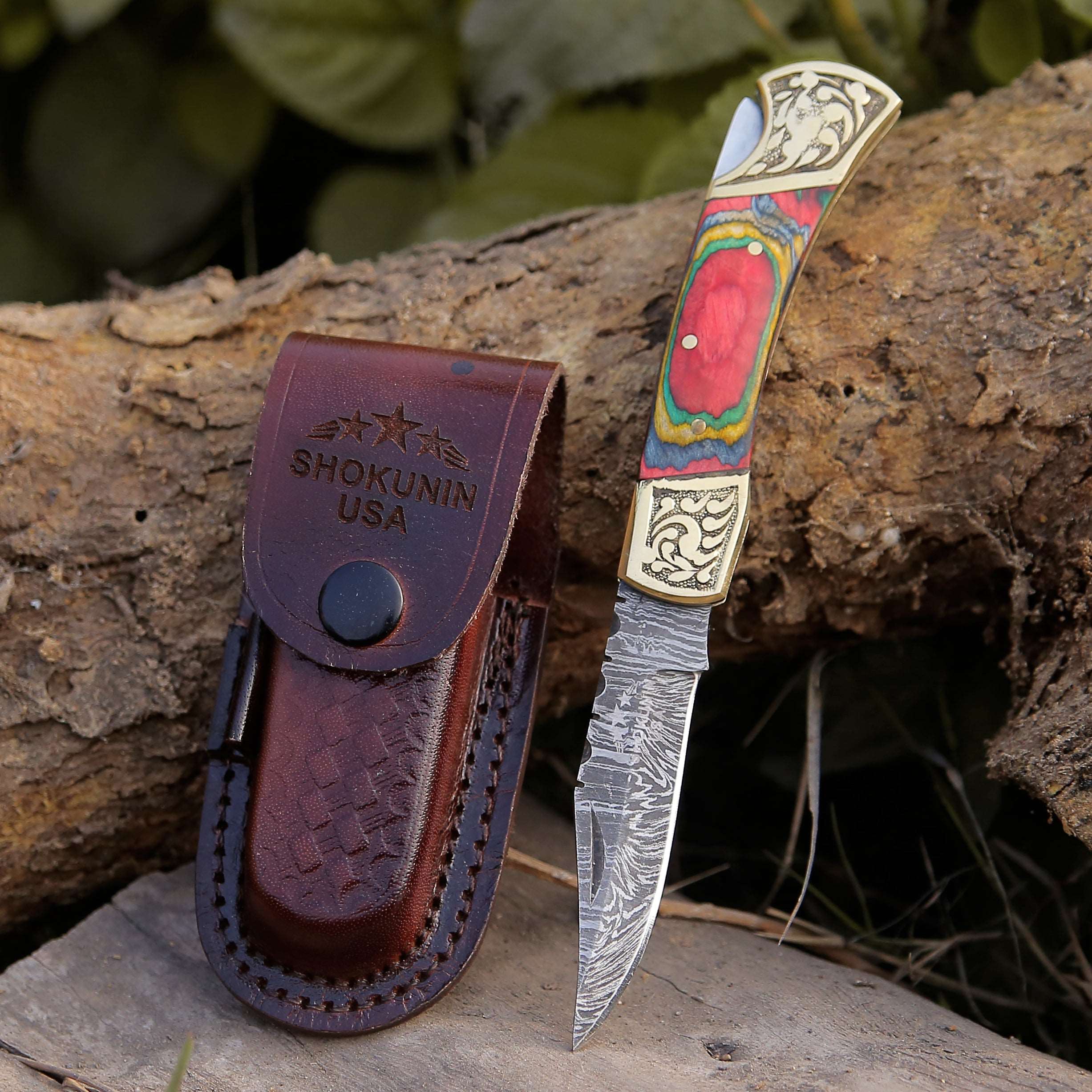Premium Expedition Damascus Folding Pocket Knife - Handcrafted Pakka Wood Handle - Perfect for Camping, Hiking & Outdoor Adventures