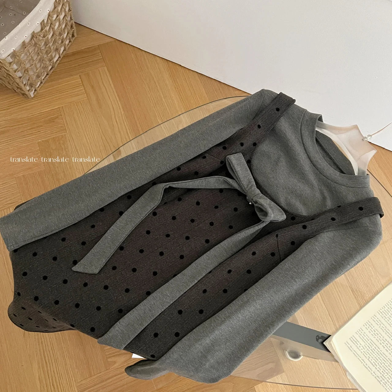 2024 Autumn Women's Fashion French Two-Piece Set - Grey Bow Long Sleeve Top + Square Neck High Waist Dot Wrap Mini Dress | Office Wear & Date Night Outfits