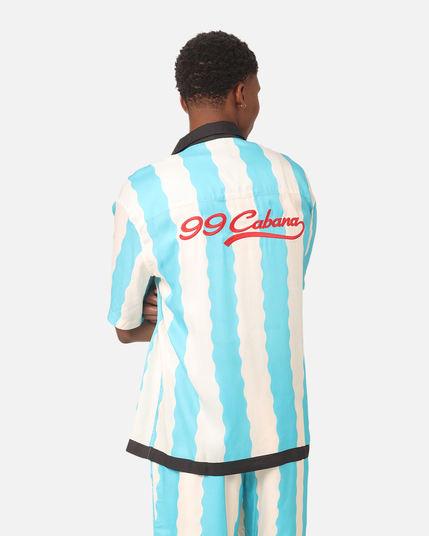 99 Cabana Bowling Short Sleeve Button Up Shirt for Men - Light Blue & Off White Hawaiian Style Casual Shirt - Perfect for Beach, Vacation, and Summer Outings