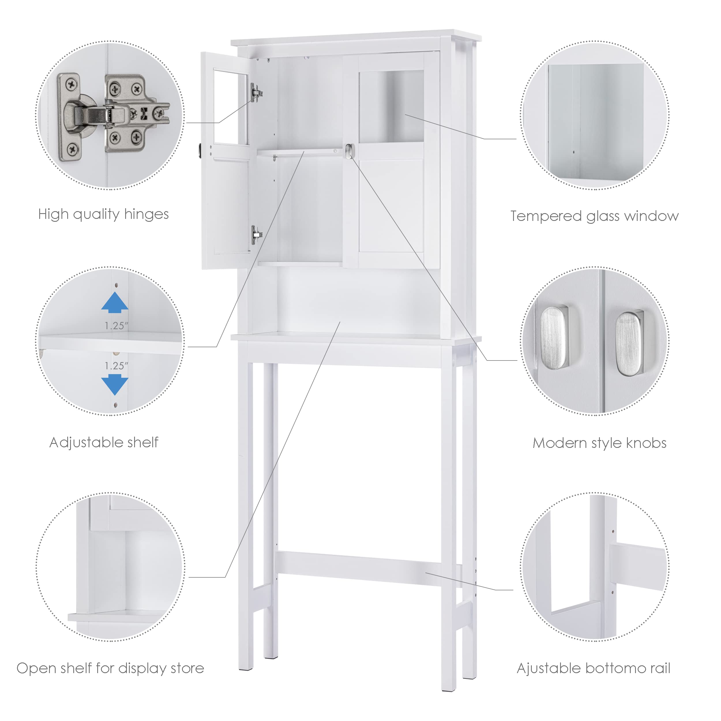 White Over The Toilet Storage Cabinet with Glass Doors & Adjustable Shelves - Bathroom Space Saving Organizer for Towels, Toiletries & Cosmetics