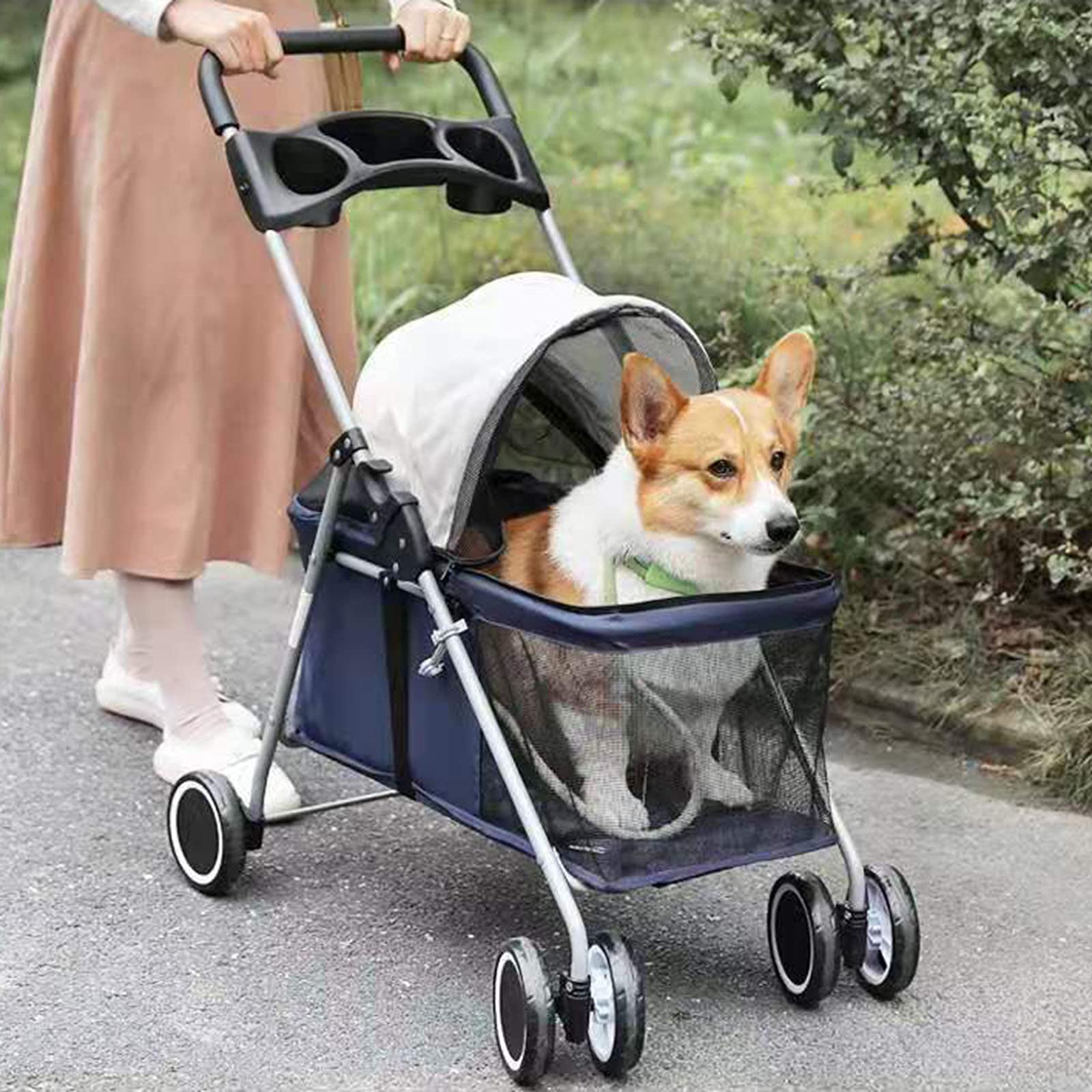 Foldable 4-Wheel Pet Stroller for Small Dogs & Cats Under 30kg - Lightweight, Escape-Proof with Safety Buckle, Cup Holder & Storage Pocket - Perfect for Walks, Travel & Vet Visits