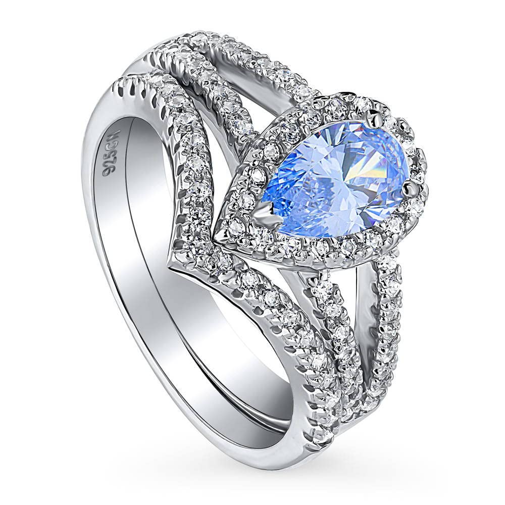 Sterling Silver Blue Pear Cut Cubic Zirconia Halo Engagement Ring Set for Women - Rhodium Plated Wedding Band, Size 4-10 - Perfect for Proposals, Anniversaries & Bridal Jewelry