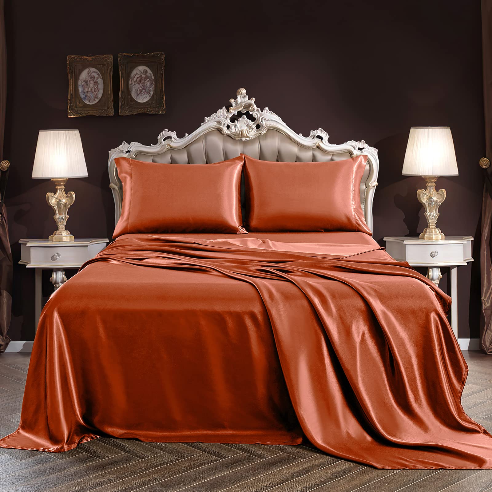 SiinvdaBZX 4-Piece Queen Size Satin Sheet Set - Ultra Silky Soft Autumn Orange Bedding with Deep Pockets (1 Fitted Sheet, 1 Flat Sheet, 2 Pillowcases with Envelope Closure) - Luxury Bed Sheets for Master Bedroom, Guest Room & Hotel Use
