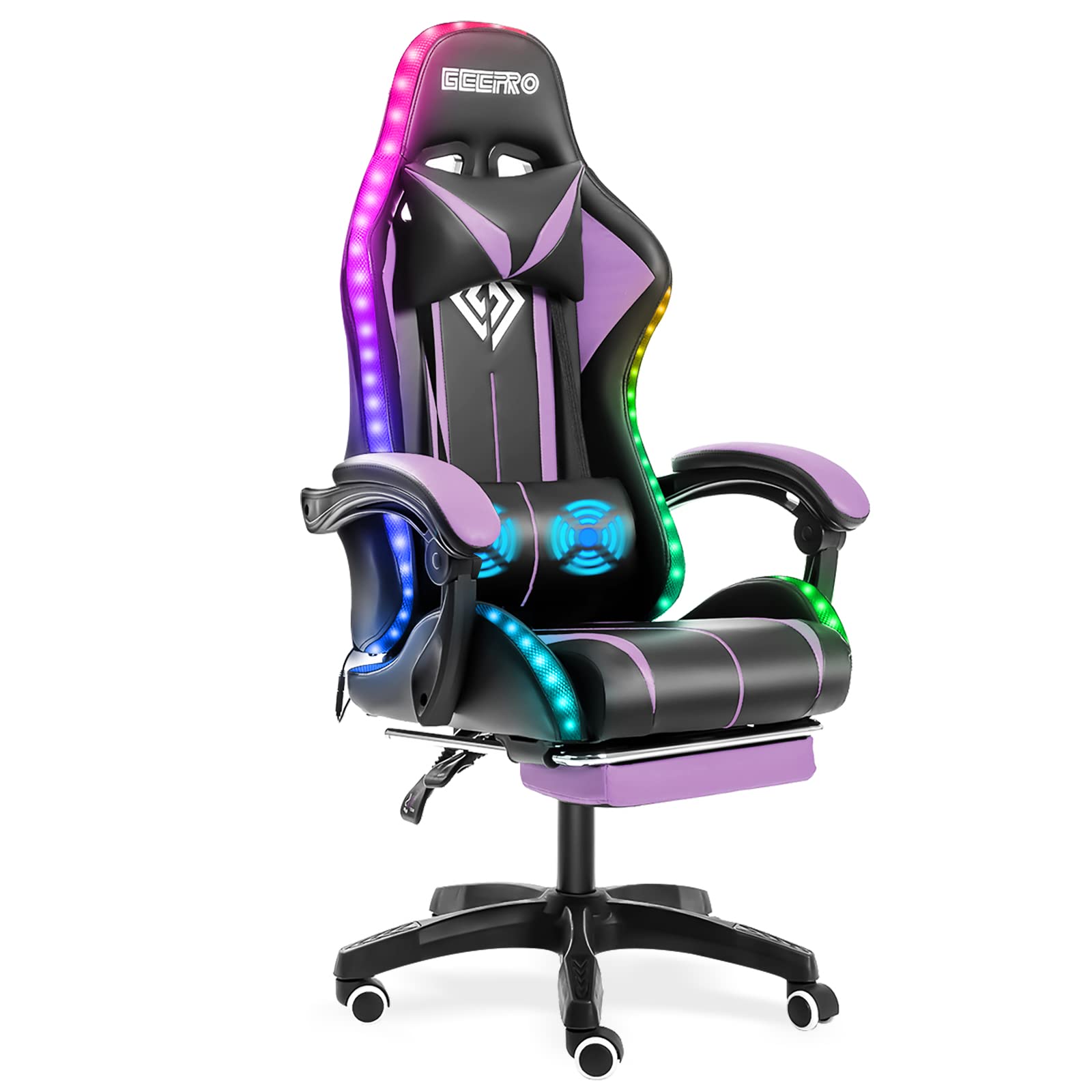 Geepro Ergonomic Gaming Chair with Massage, RGB LED Lights & Footrest - Adjustable Lumbar Support & Linkage Armrests - High Back Computer Chair for Office & Video Games (Purple/Black) - Perfect for Esports, Streaming & Home Office Setup