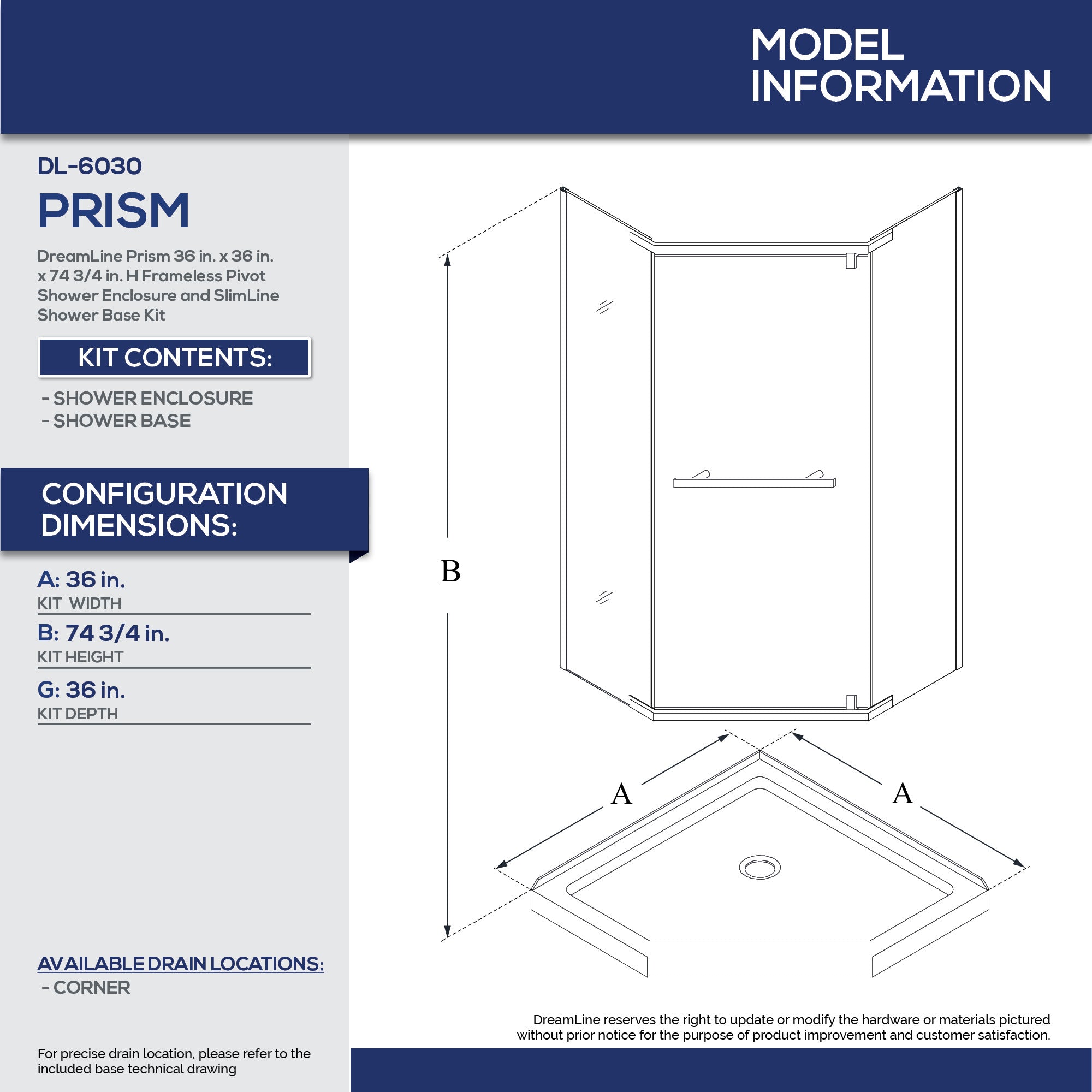 DreamLine Prism 36x36x74.75 Inch Frameless Pivot Shower Enclosure with SlimLine Base Kit - Modern Bathroom Upgrade for Small Spaces & Luxury Homes
