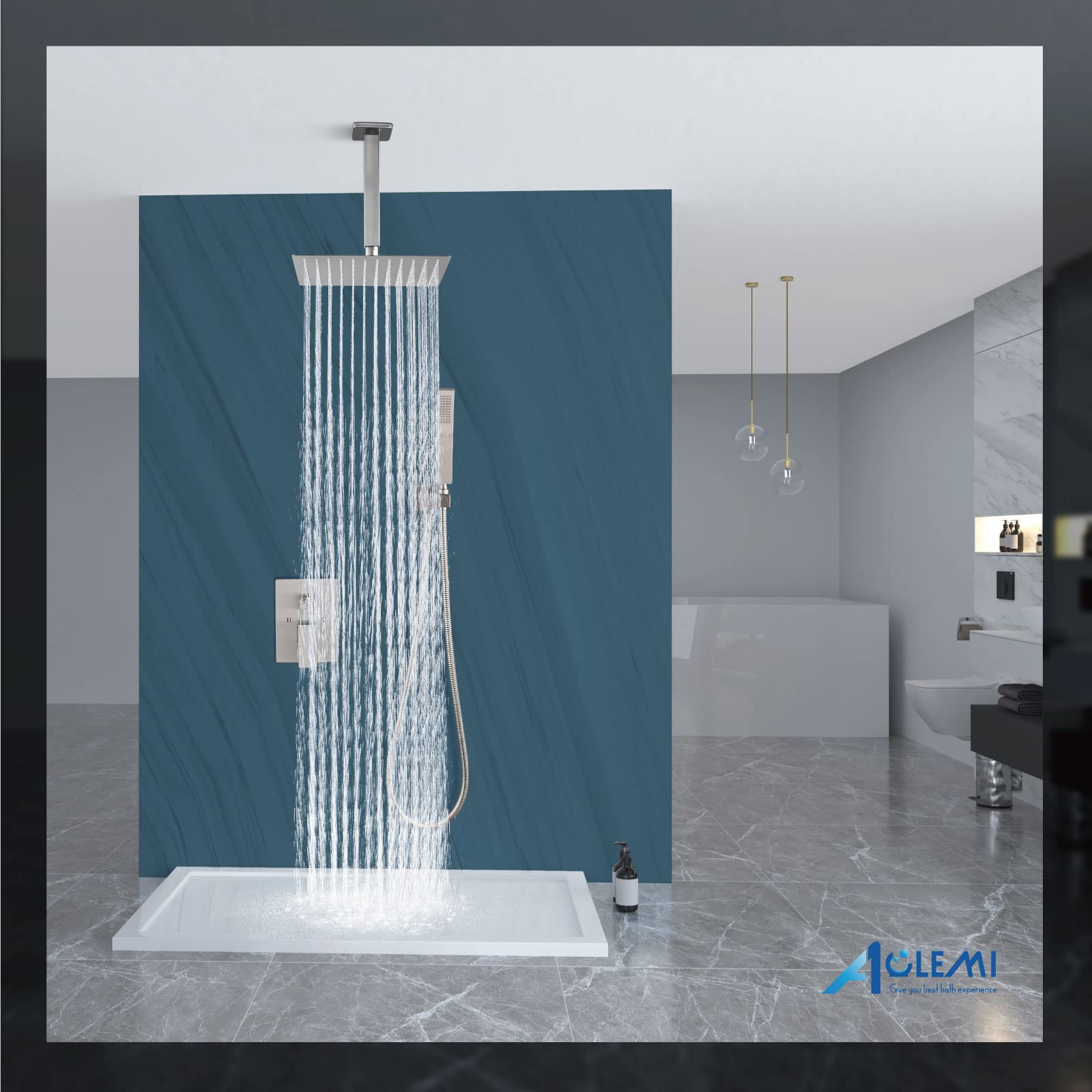 **Aolemi 16 Inch Ceiling Mount Rain Shower System - High Pressure Shower Head with Handheld Spray, Brushed Nickel Finish - Includes Rough-in Valve & Trim Kit - Perfect for Modern Bathroom & Spa-Like Experience**