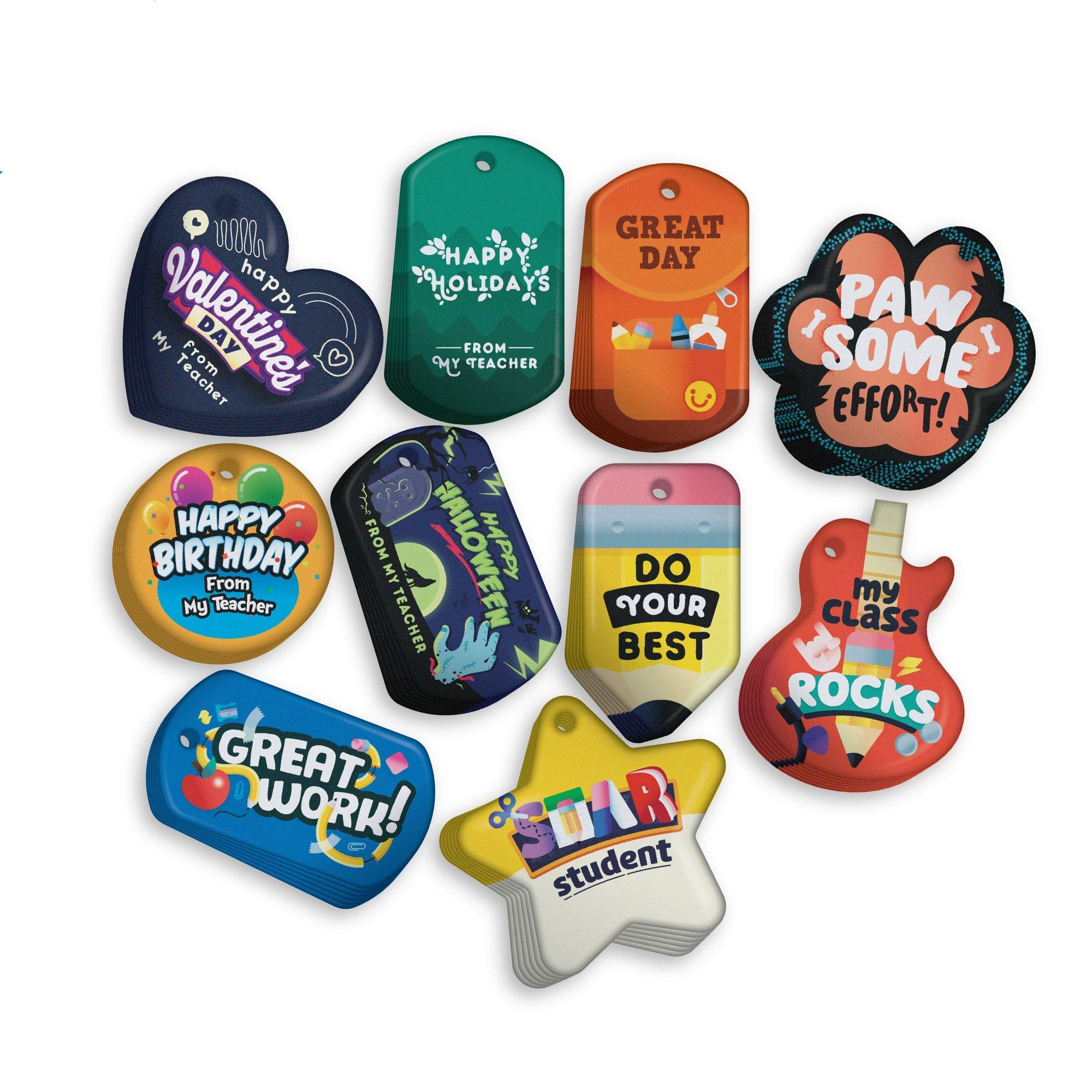 250 Holiday & School Classroom Management Brag Tags Value Pack - 25 Unique Shapes + 75 Hypoallergenic USA-Made Safety Chains | Perfect for Student Rewards, Behavior Incentives & Seasonal Celebrations