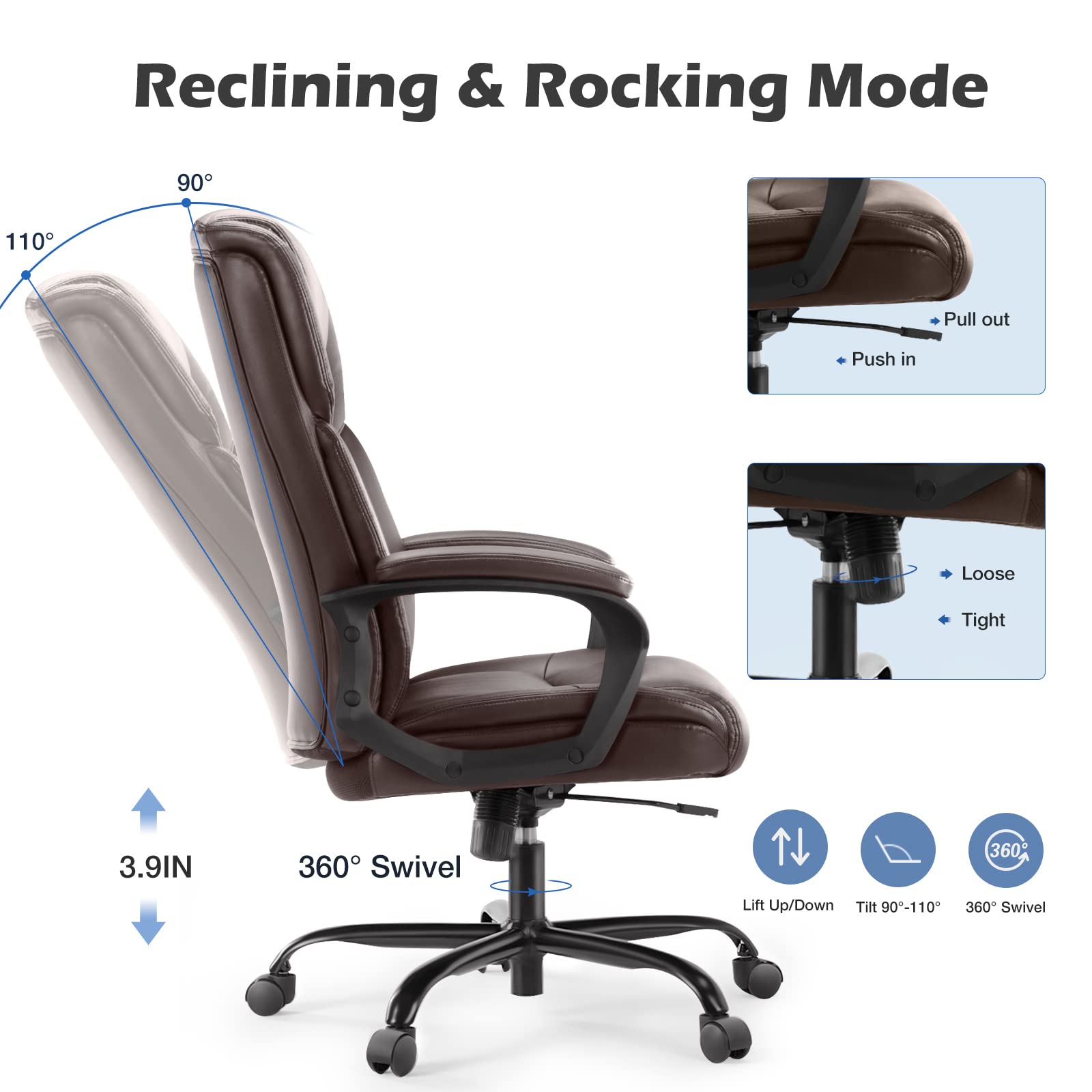 Premium Ergonomic Office Chair for Heavy People - High Back PU Leather Executive Desk Chair with Lumbar Support, Adjustable Height & 360° Swivel Wheels - Perfect for Home Office, Gaming & Workspaces