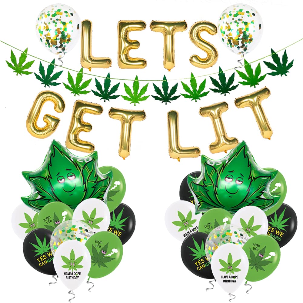 47pcs 'Let's Get Lit' Weed Party Decorations Set - Latex Marijuana Balloons, Weed Shape Foil Balloons, Banner & Green Confetti Balloons for Cannabis Themed Birthday Parties, Bachelorette Parties & 420 Celebrations