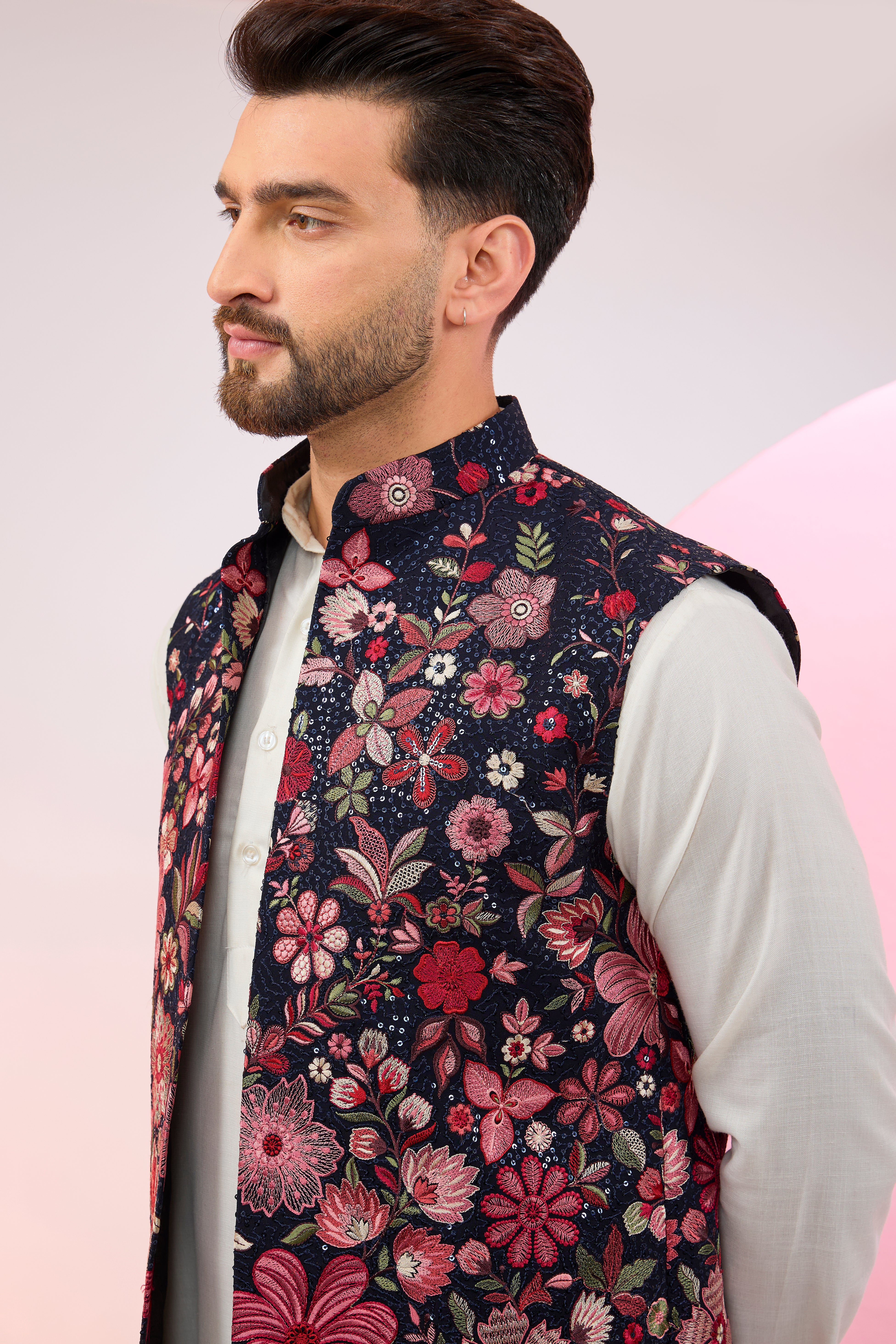 Navy Blue Floral Embroidered Long Open Shrug for Women - Elegant Lace Cover-Up for Weddings, Parties & Evening Events