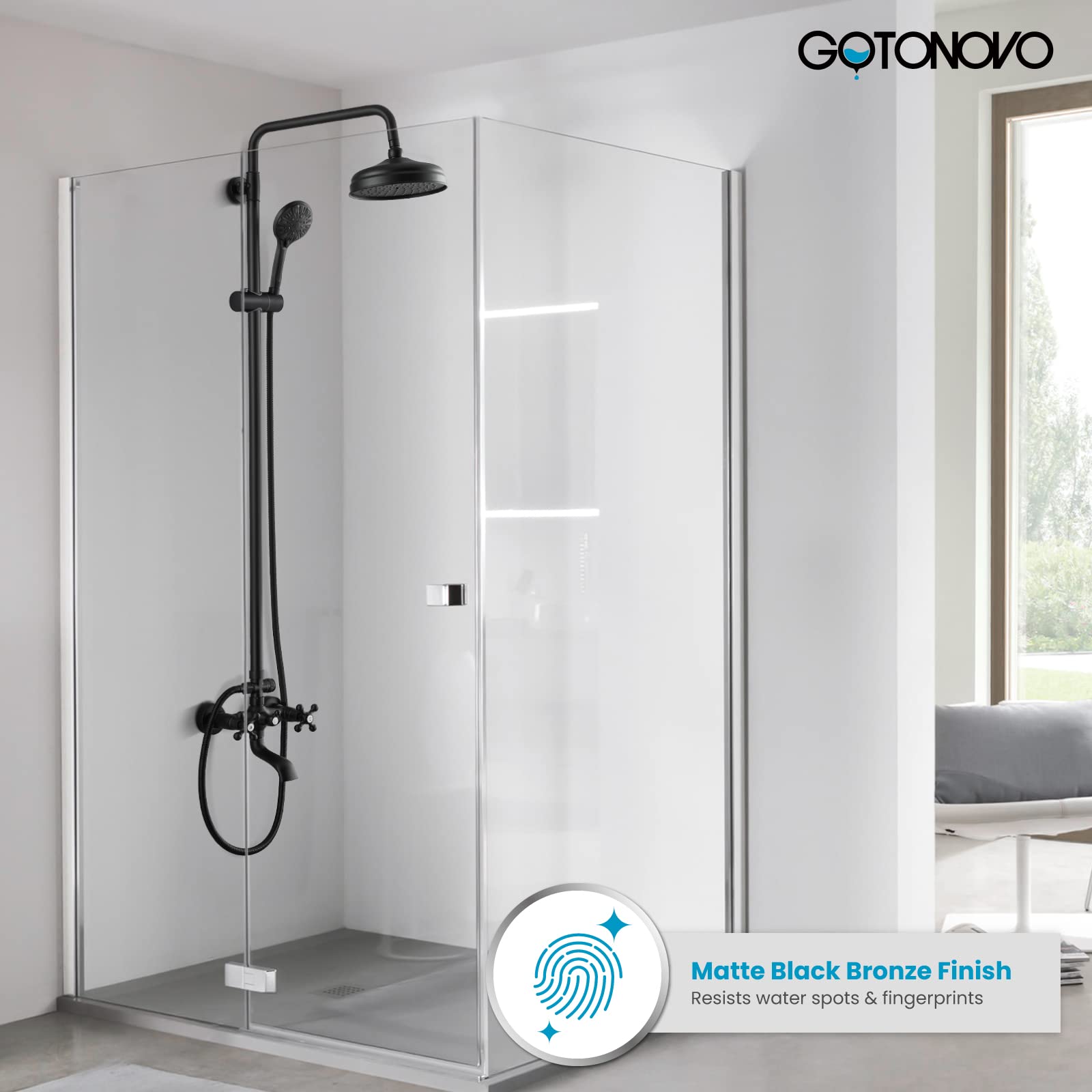 Gotonovo 8 Inch Round Rain Shower Head with Double Cross Handle & Tub Spout - Matte Black Wall Mount Bathroom Faucet Mixer - 3 Function ABS Handheld Sprayer for Luxurious Spa-Like Shower Experience