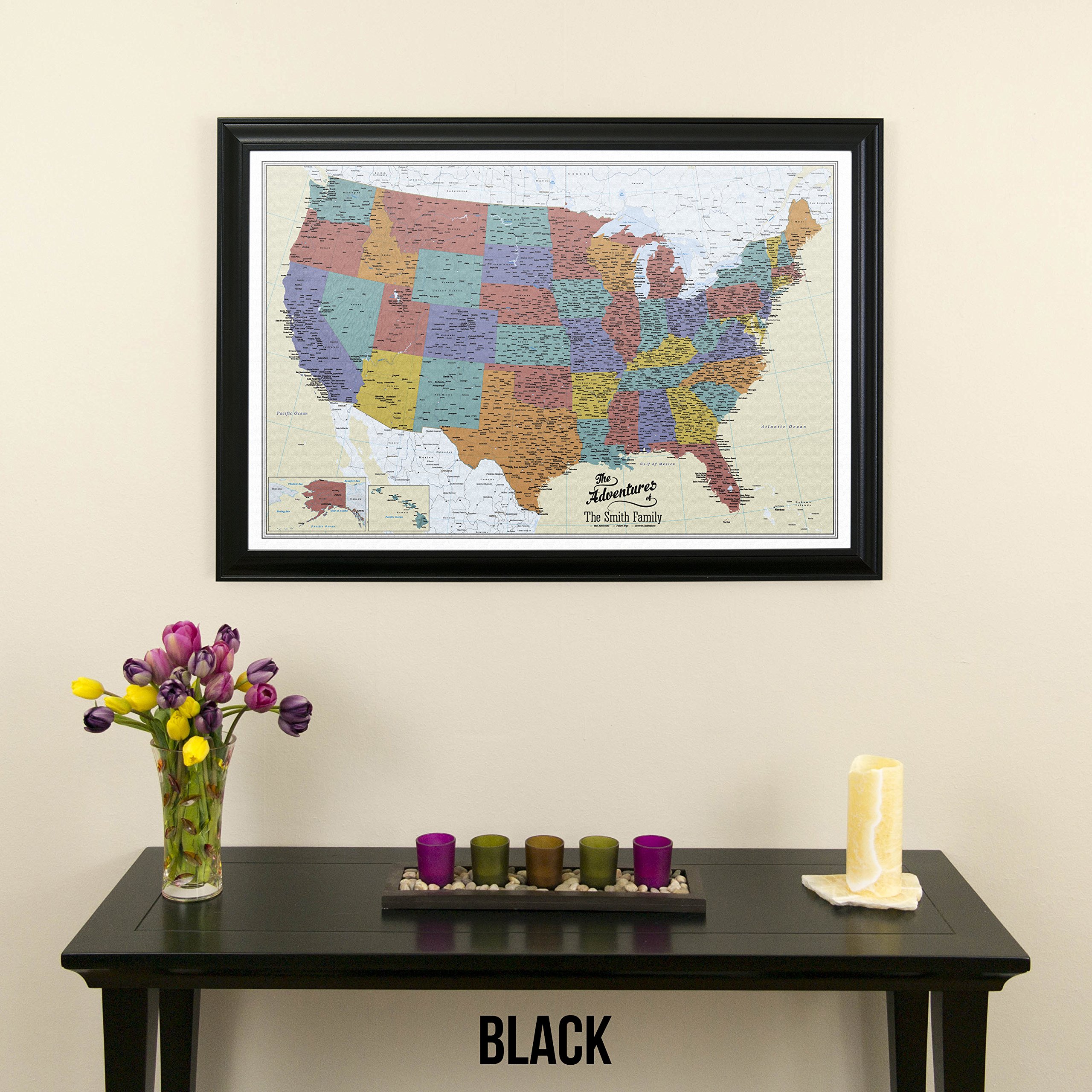 Personalized Tan Oceans USA Push Pin Travel Map with Black Frame - Custom Travel Tracker for Adventure Enthusiasts - Perfect for Home, Office Decor & Trip Planning