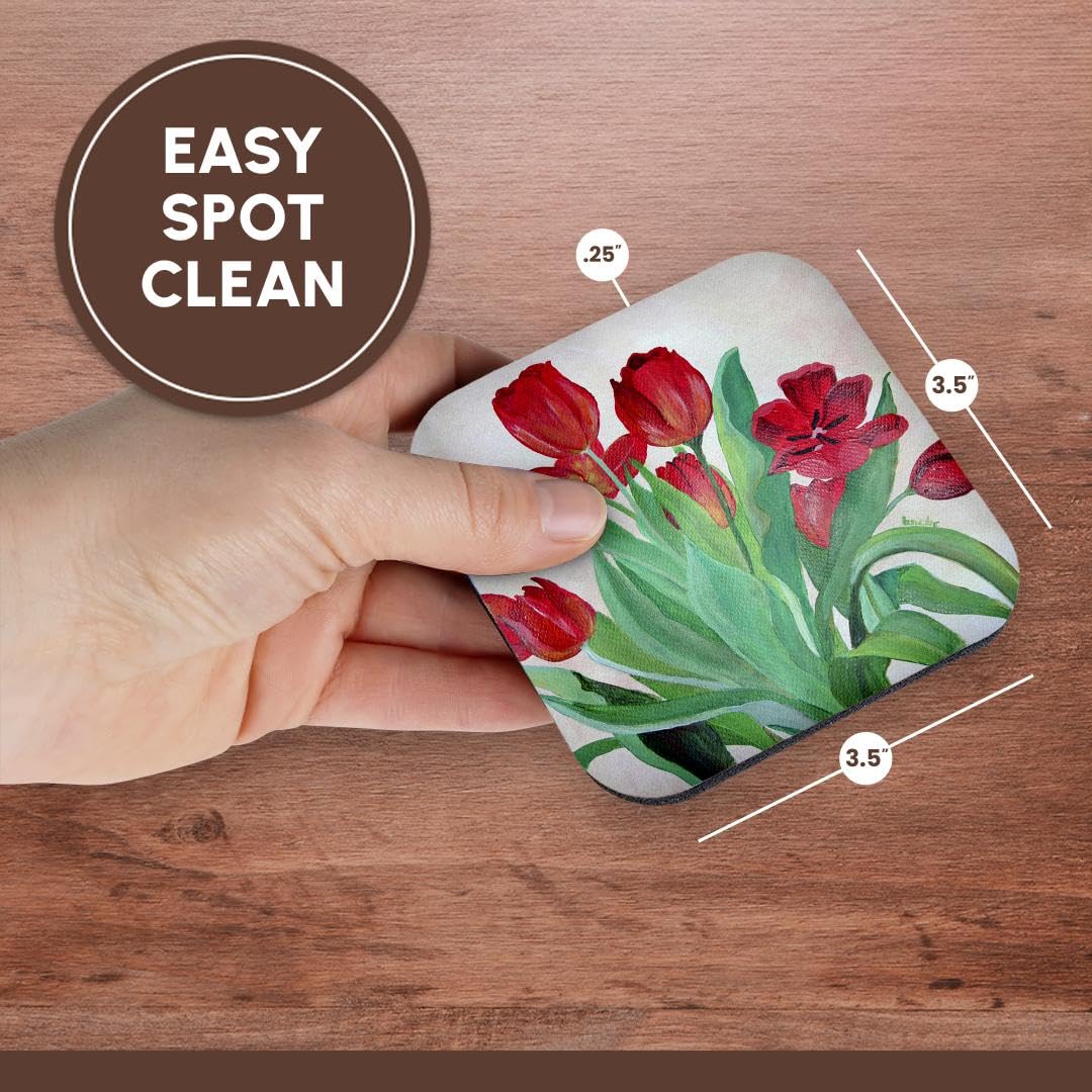 3D Rose Set of 4 Soft Coasters - Red Tulips Floral Design, Flower Bouquet Coasters for Home Decor, Kitchen, Dining Table, and Office Use