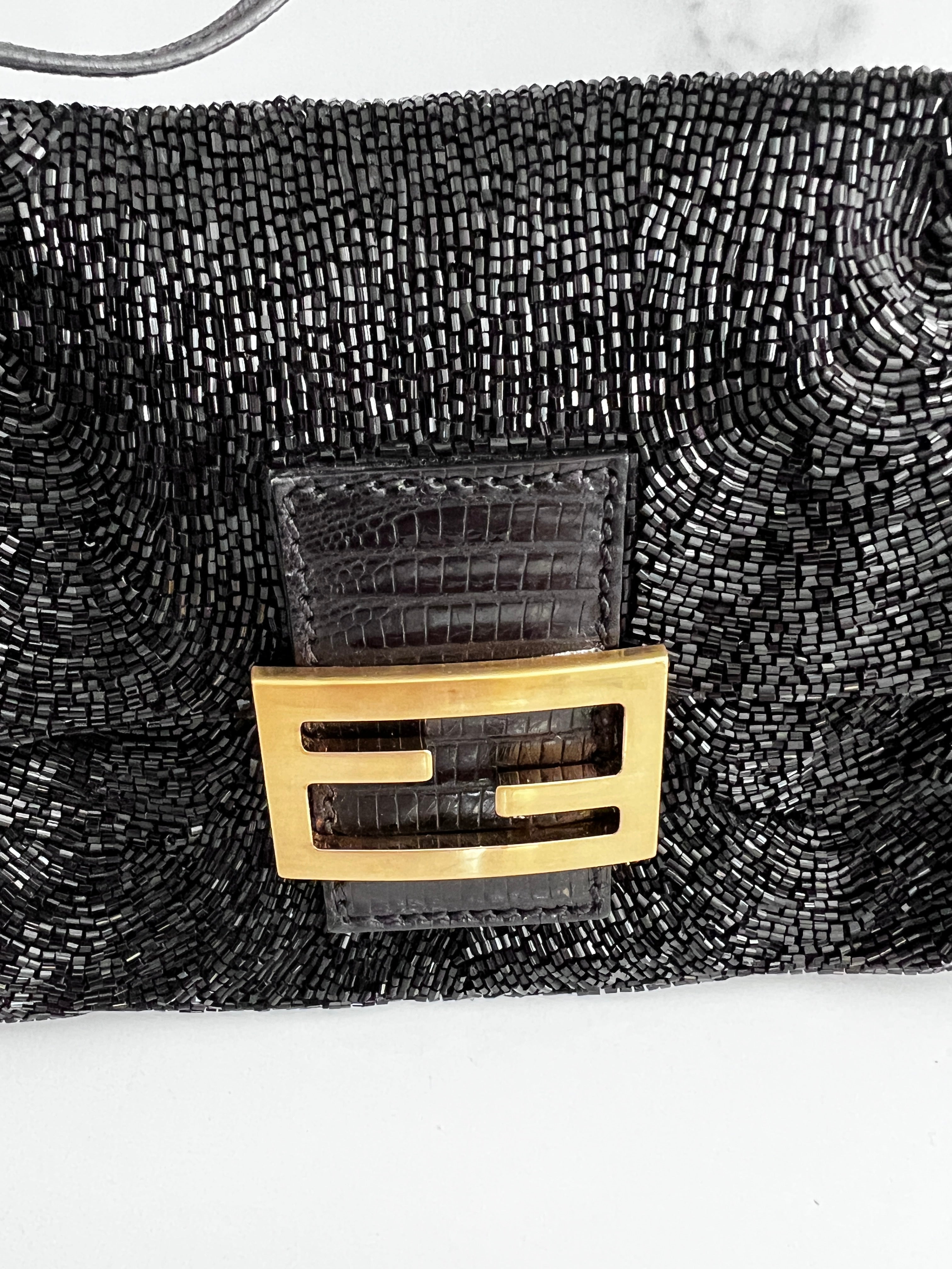 Fendi Black Beaded Mini Mamma Baguette Handbag - Genuine Lizard Skin Trim Luxury Crossbody Purse for Women | Perfect for Evening Parties, Date Nights & Special Occasions