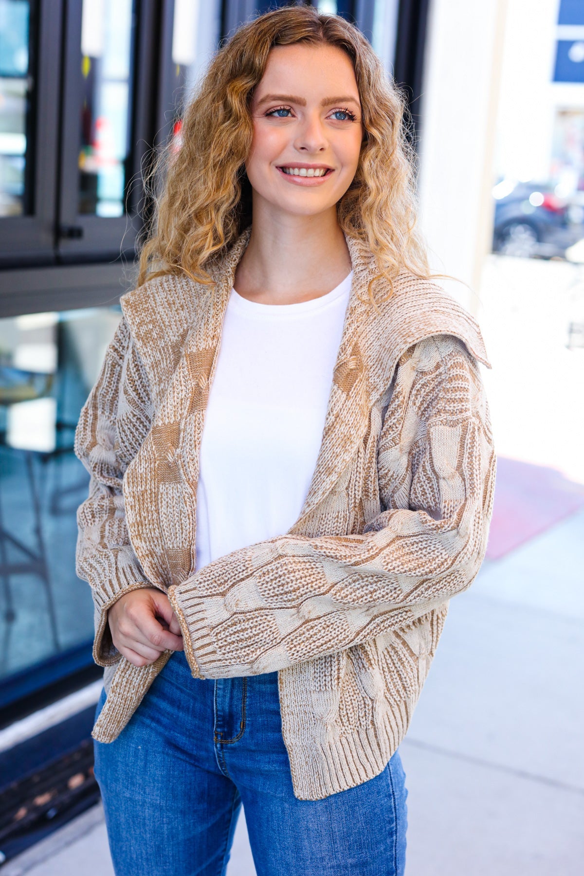 Cozy Taupe Textured Cable Knit Collared Cardigan for Women | Autumn Fall Sweater | Perfect for Layering, Office Wear & Casual Outfits