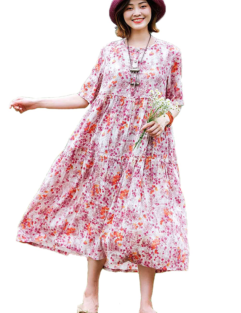 Women's Casual Loose Bohemian Floral Maxi Dress with Pockets - Short Sleeve Summer Beach Swing Dress for Vacation, Outdoor Parties & Boho Fashion