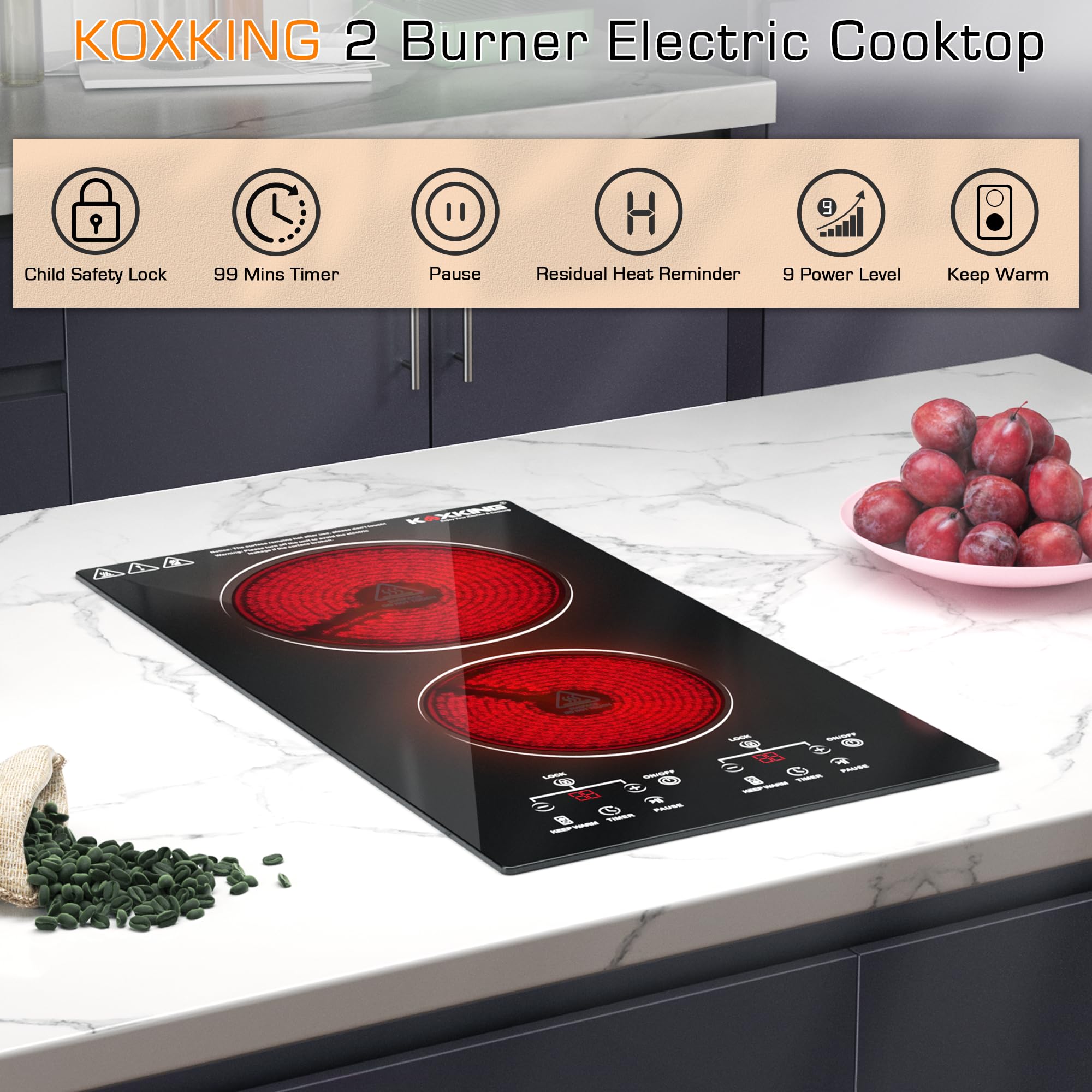 12 Inch 2 Burner Electric Cooktop with Sensor Touch Control - 9 Heating Levels, Timer, Child Safety Lock & Keep Warm Function - 110V Built-In Stovetop for Kitchen, RV, Dorm & Small Spaces