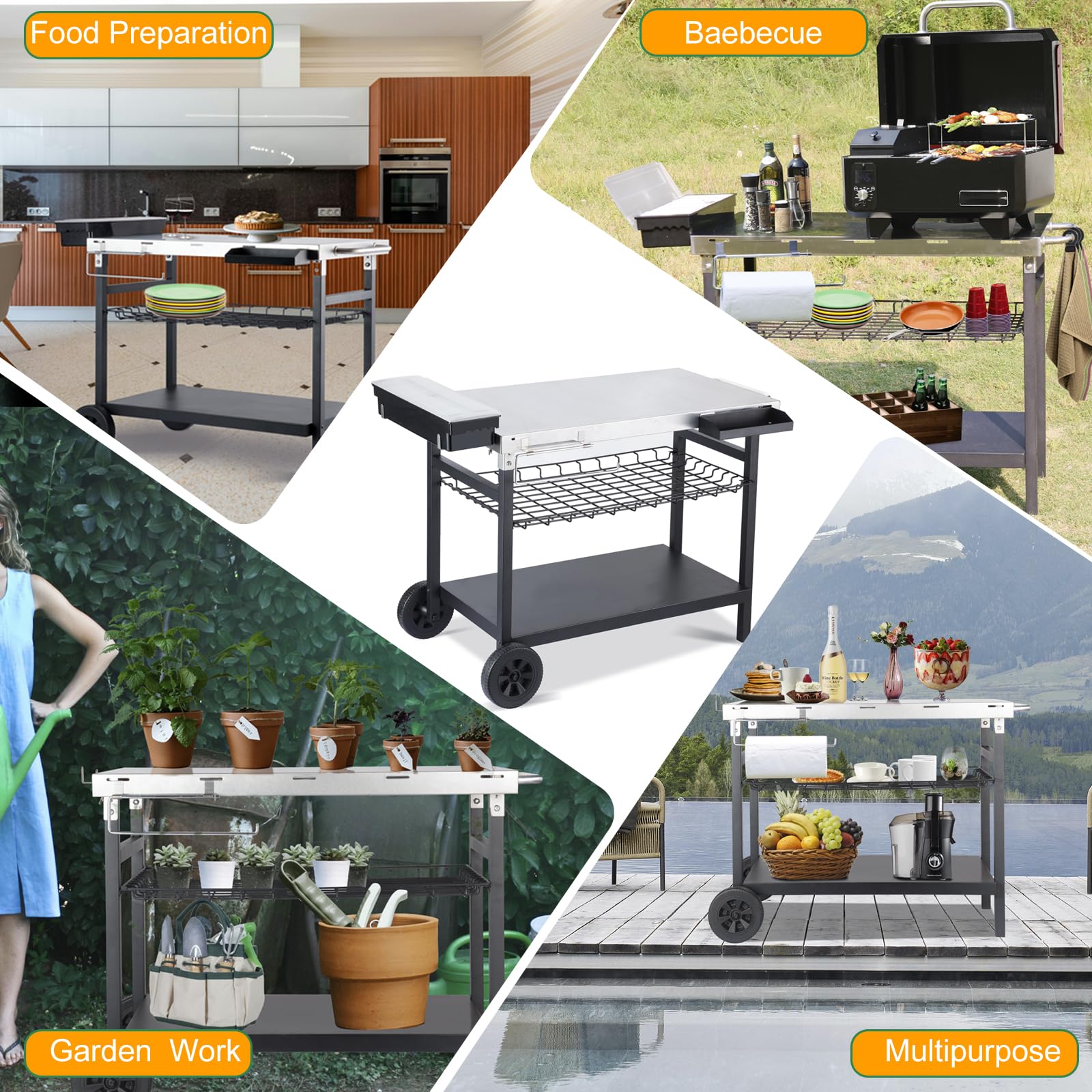 Premium Stainless Steel Outdoor Grill Cart with Wheels - Heavy Duty BBQ Prep Table for Backyard, Patio & Camping - Perfect for Grilling, Smoking & Outdoor Cooking Accessories