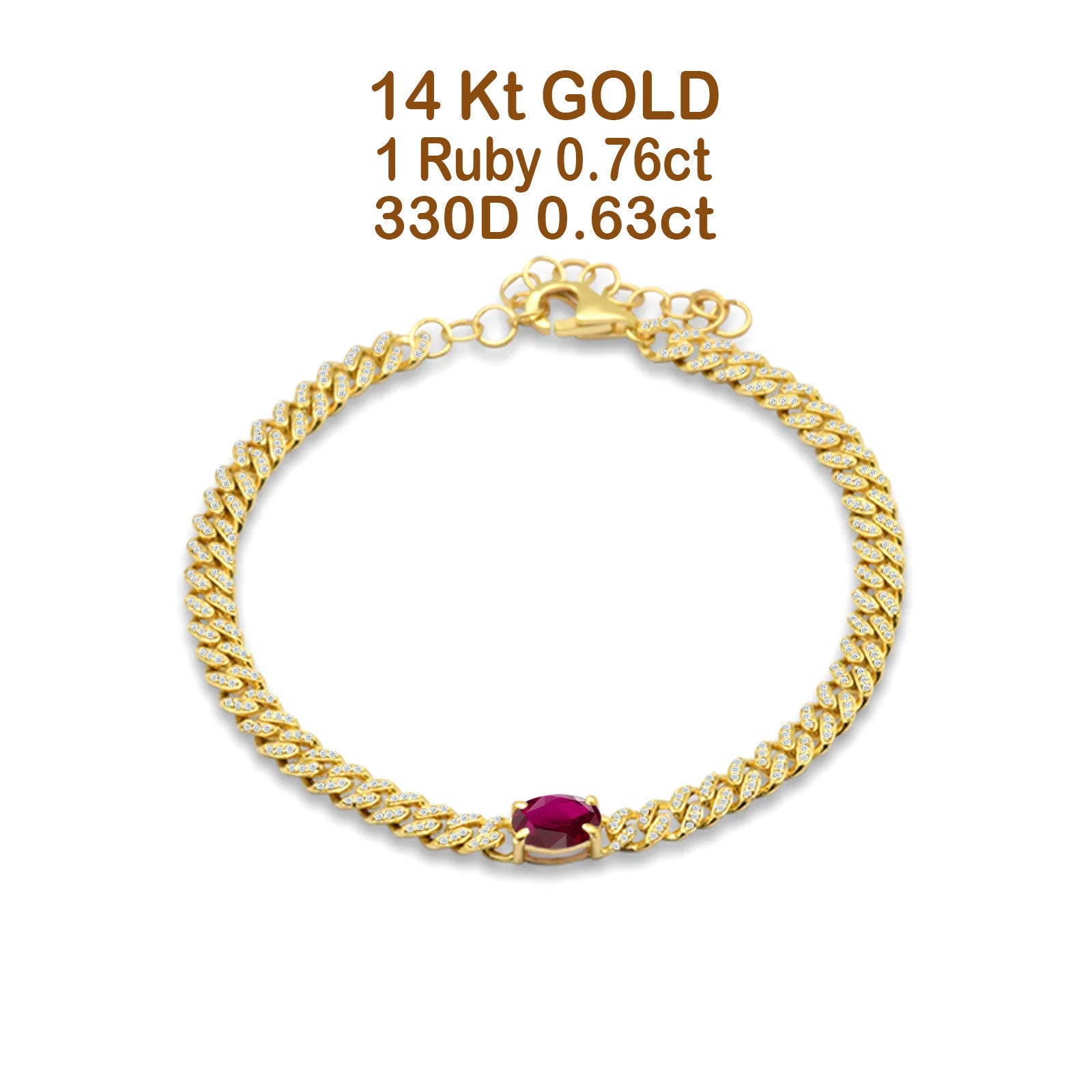 14K Yellow Gold Oval Ruby Cluster Natural Diamond Cuban Link Bracelet for Women - Elegant Jewelry Gift for Birthday, Anniversary & Special Occasions
