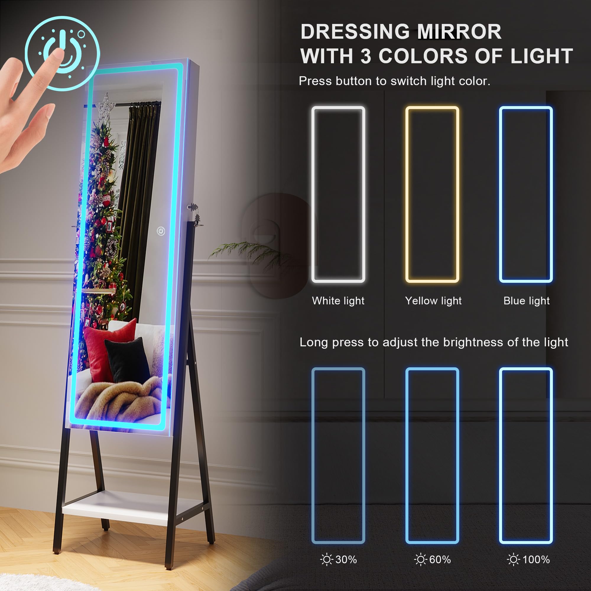 HNEBC LED Mirror Jewelry Cabinet - Lockable Standing Jewelry Armoire Organizer with Full Length Mirror & Adjustable Lighting, White (Perfect for Bedroom Vanity, Dressing Room & Christmas Gifts for Women)