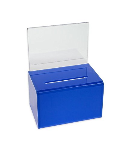 Source One Small 5-Inch Wide Deluxe Oblong Donation Box with Ad Frame & Free Lock (Blue) - Secure Collection Box for Churches, Schools, and Charity Events