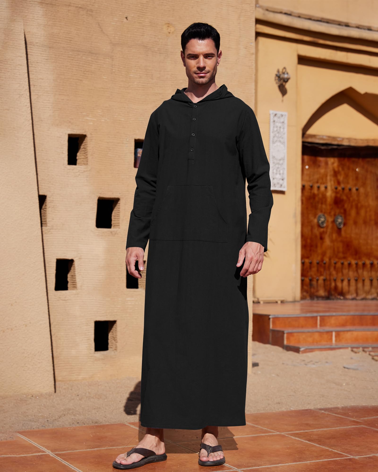 YAOHUOLE Men's Long Sleeve Kaftan - Big & Tall Muslim Thobe with Hood - Loose Fit Islamic Robe for Prayer & Daily Wear - Perfect for Eid, Ramadan & Home Relaxation