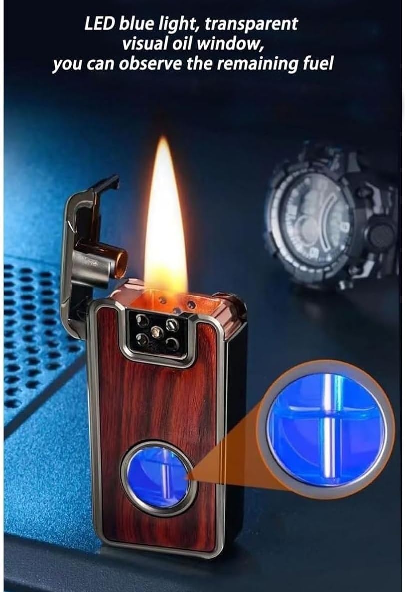 Vintage Windproof Kerosene Lighter with Voice Activation & Wood Inlay - Adjustable Soft Flame, Visible Oil Tank, Reusable Metal Lighter - Perfect Gift for Men, Camping, Hiking & Outdoor Adventures