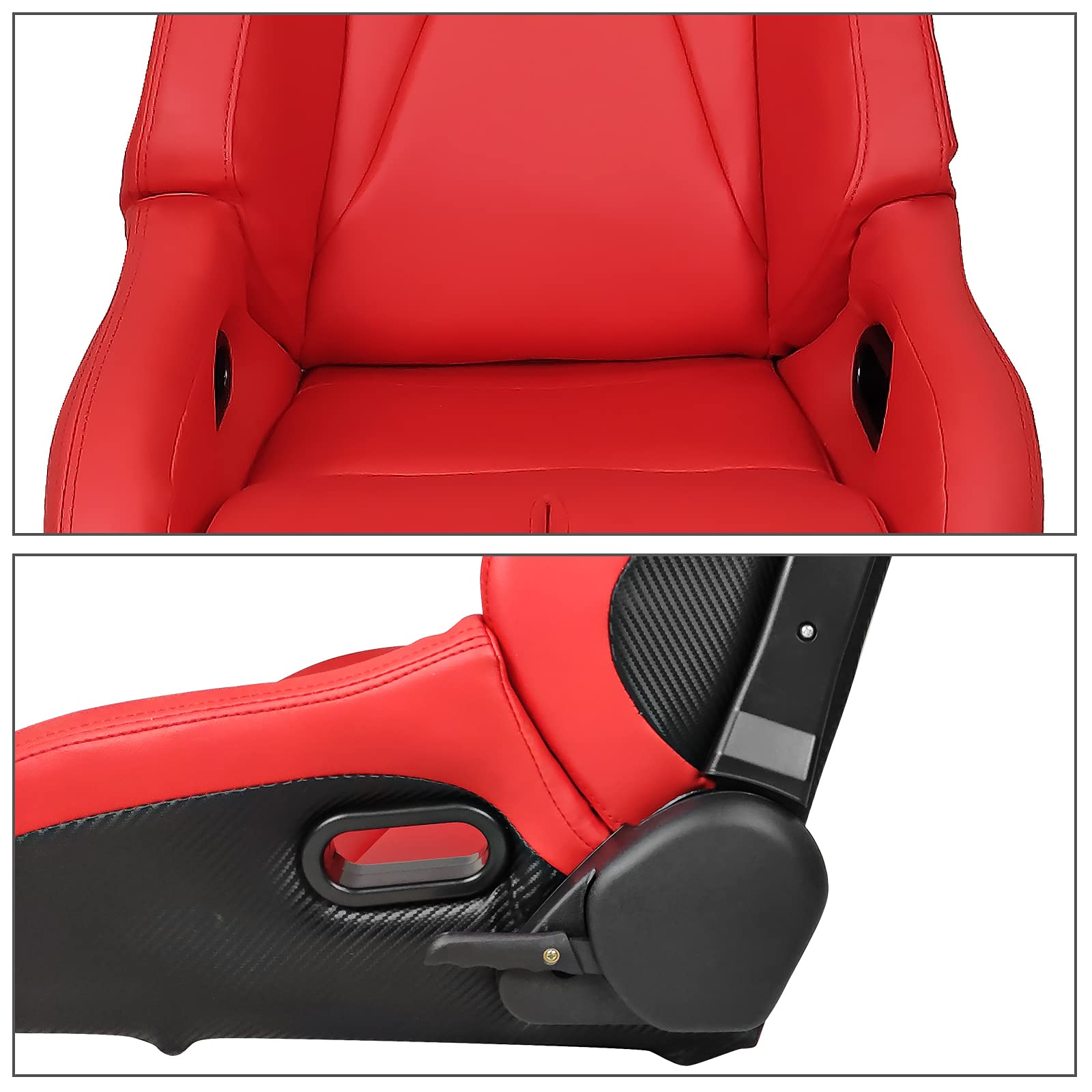 FREEMOTOR802 Universal Racing Seat - Bucket Style Reclining Sport Seat with Dual Lock Sliders, Adjustable Driver Side (1 PC) - PU & Carbon Fiber Fabric in Red - Perfect for Car Racing, Drifting & Performance Driving