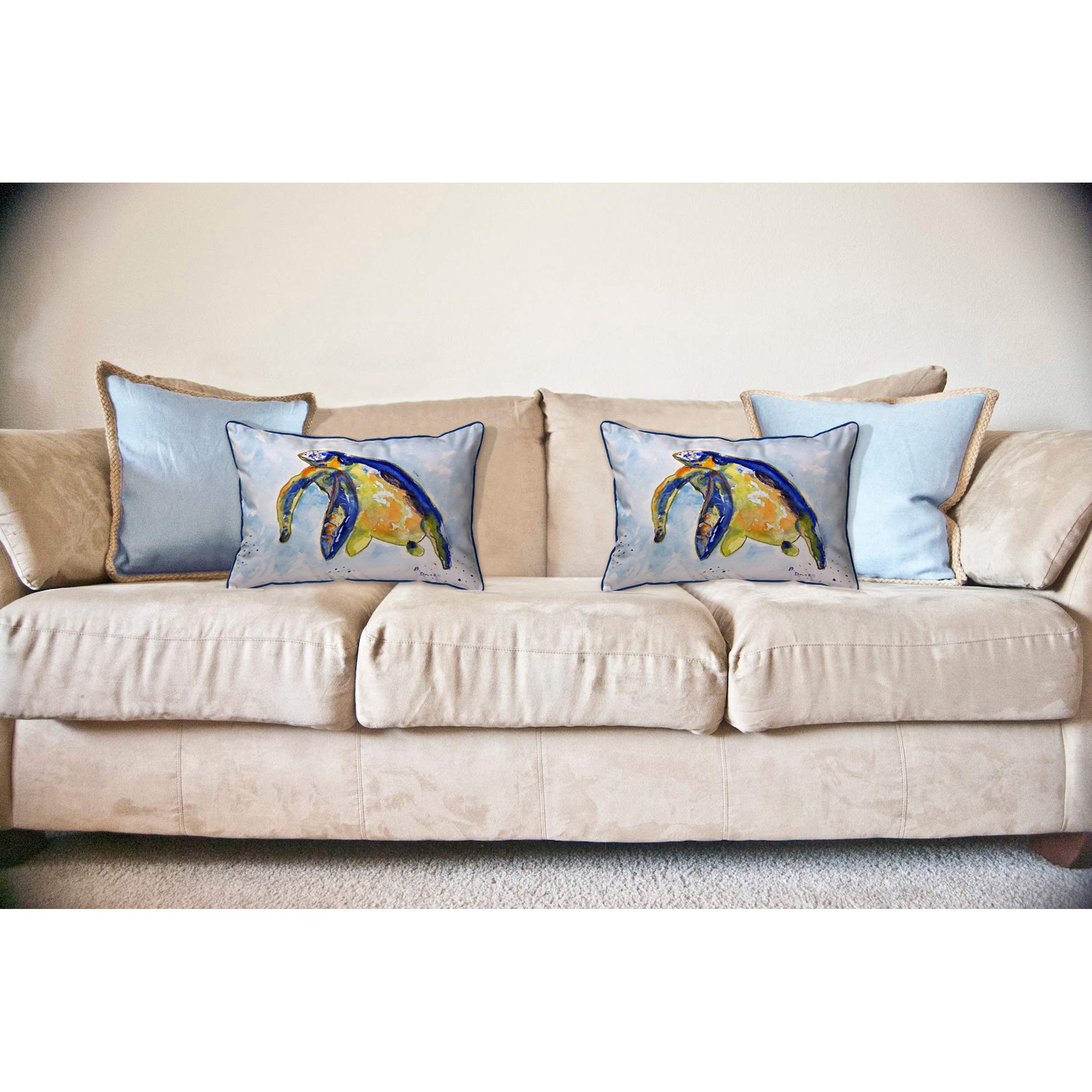 Betsy Drake Blue Sea Turtle Left Indoor/Outdoor Decorative Throw Pillow 16x20 Inches - Perfect for Sofa, Patio, Bedroom & Coastal Home Decor