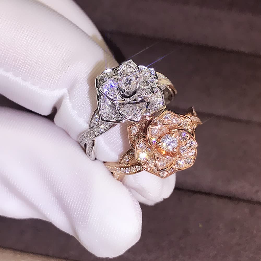 18K Platinum Plated Rose Gold 3D Rose Flower Ring for Women - Cubic Zirconia Diamond Engagement & Wedding Ring (Size 7, Silver) | Perfect for Anniversary Gifts, Valentine's Day & Bridal Jewelry