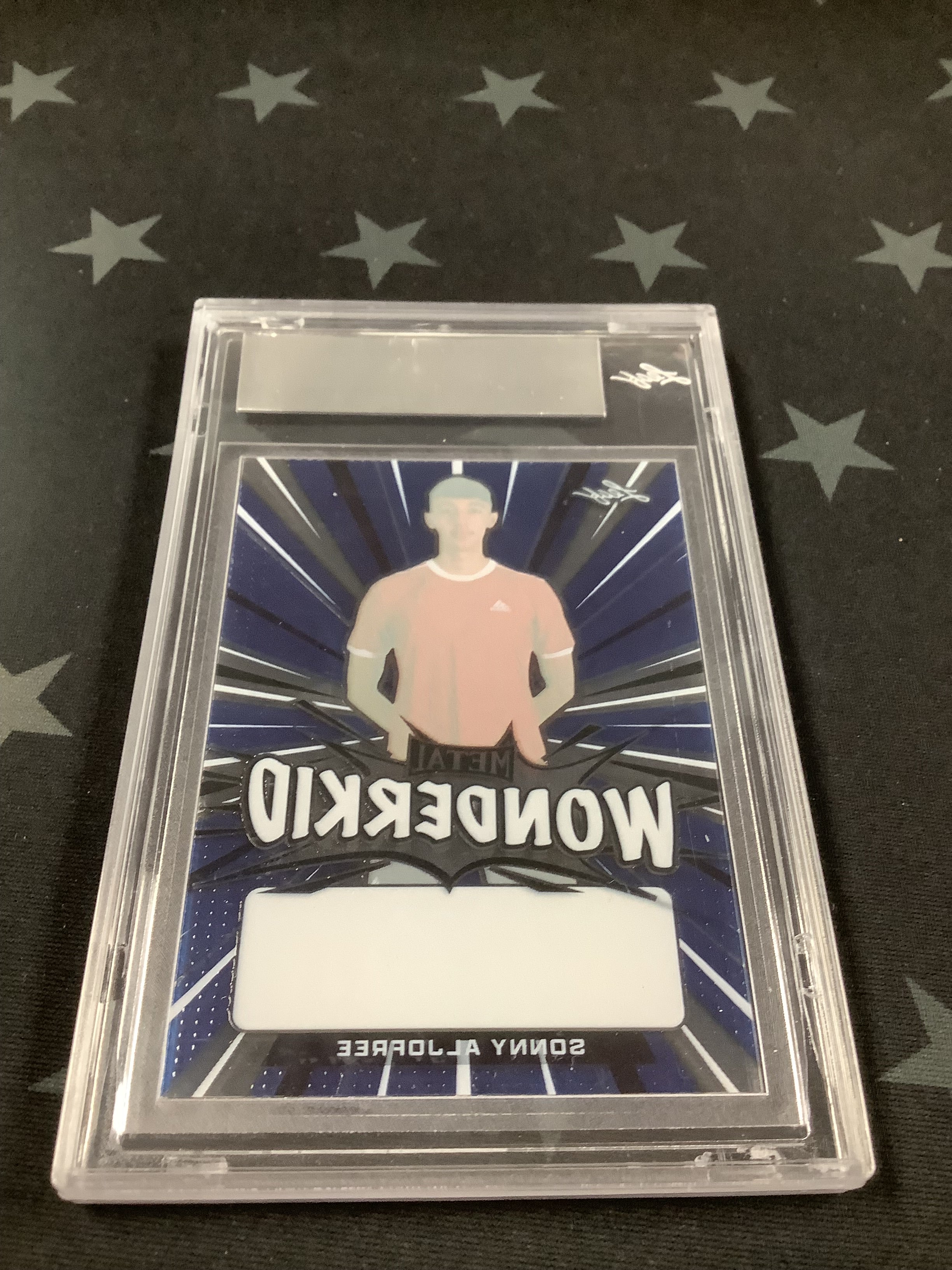 2022 Leaf Metal Wonderkid Sonny Aljofree Pre-Production Proof 1/1 Clear Blue Trading Card - Rare Collectible for Sports Memorabilia & Card Showcases