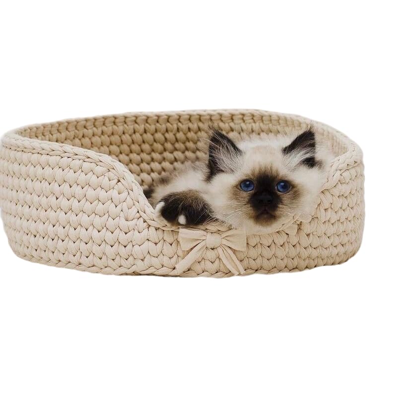 Hand-Knitted Round Cat Basket Bed - Cozy Pet Bed for Cats & Small Dogs - 35x15cm Beige Cat Cave, Nap Basket & Gift for Pet Lovers - Perfect for Lounging, Napping & Indoor Comfort