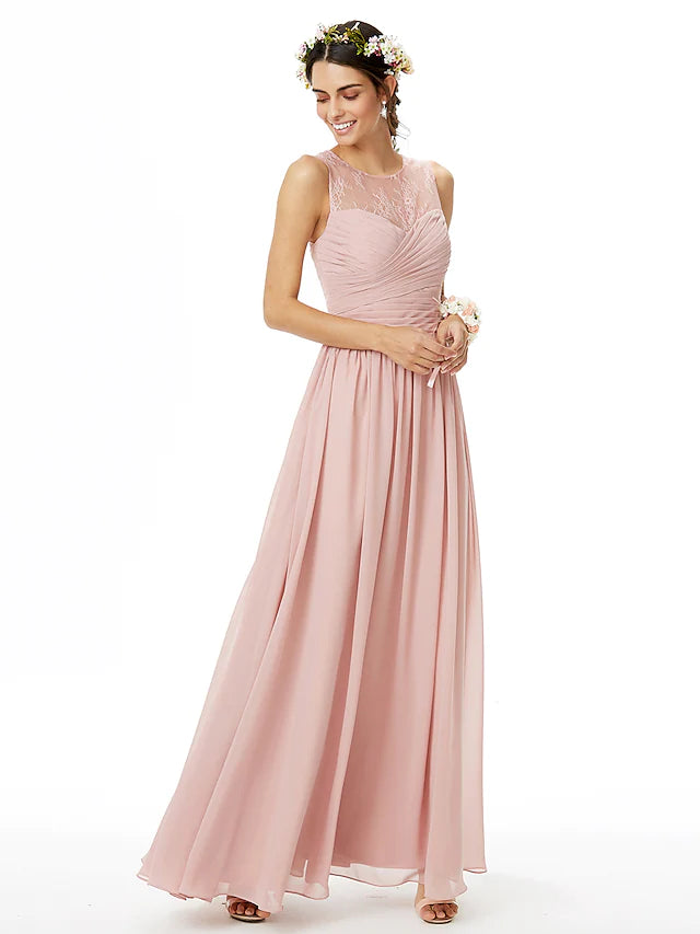 Elegant A-Line Bridesmaid Dress with Jewel Neckline & Sleeveless Design - Floor Length Chiffon Lace Gown with Criss Cross Back & Pleats Detail - Perfect for Weddings, Formal Events & Special Occasions