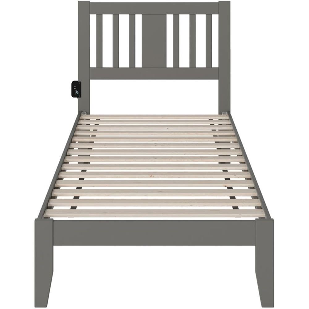 BOWERY HILL Solid Wood Twin XL Spindle Bed Frame with USB Turbo Charger - Gray Finish | Sturdy & Modern Platform Bed for Guest Rooms, Dorms & Small Spaces