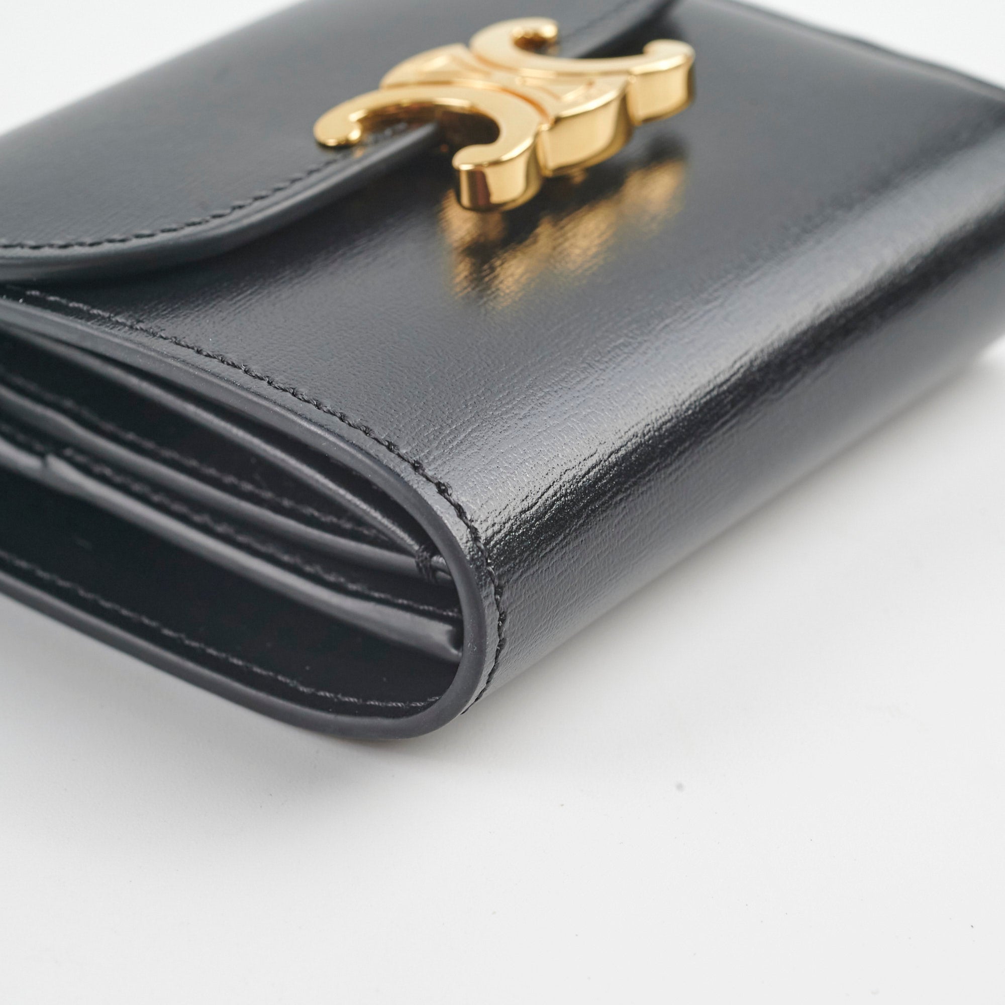 Celine Compact Wallet with Coin Pocket Triomphe Logo in Shiny Calfskin Leather - Perfect for Everyday Use & Travel Essentials