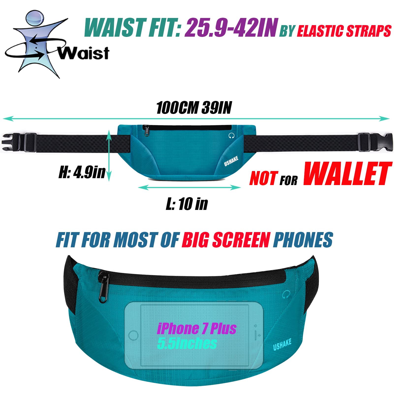 USHAKE Running Belt for Men & Women - Ultra Light Bounce Free Waist Pack with Phone Pocket for iPhone Samsung LG - Perfect for Gym, Marathon, Hiking & Outdoor Activities (Mint Blue)
