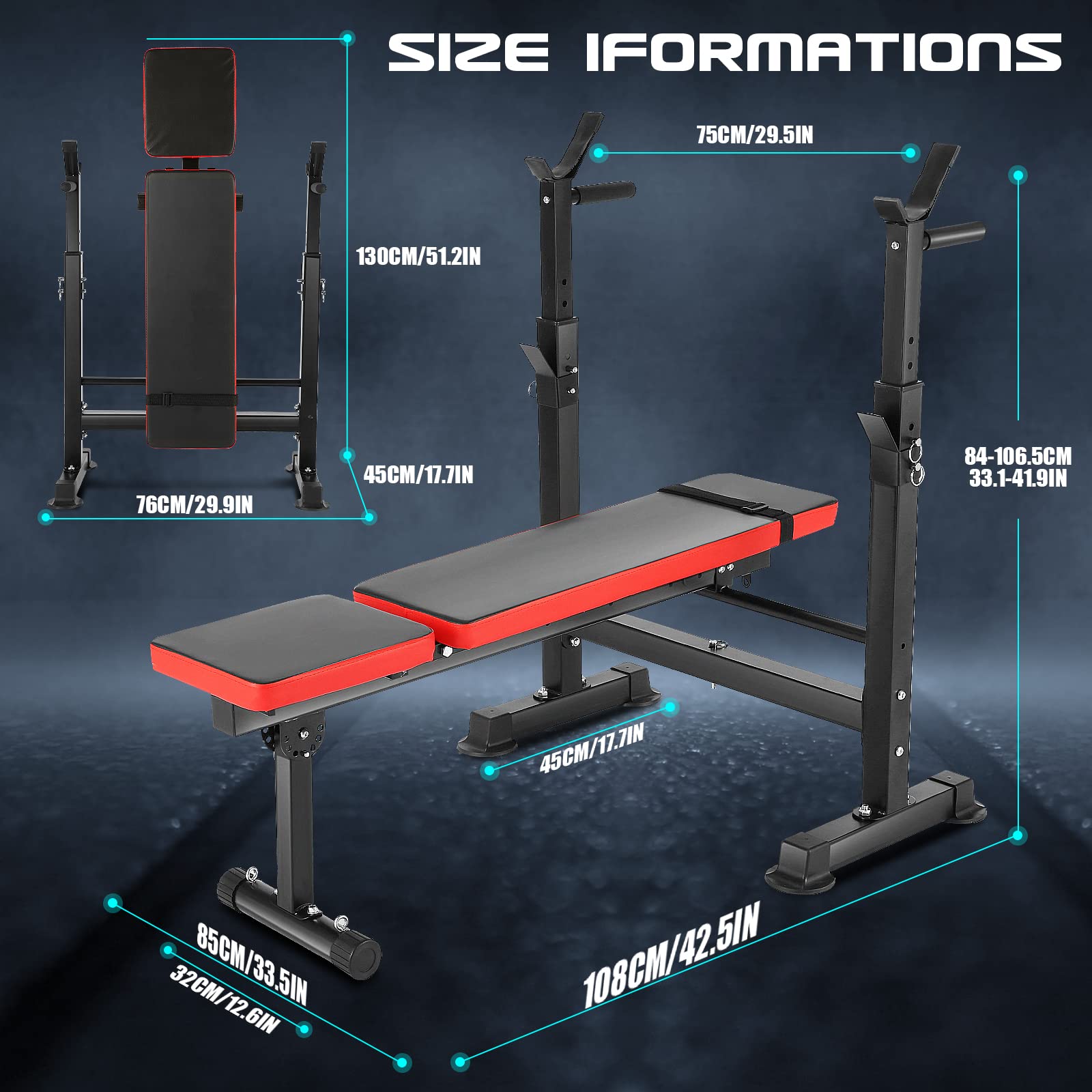 **Aceshin 6-in-1 Adjustable Weight Bench with Squat Rack & Removable Foot Bracket – 600lbs Capacity Home Gym Bench Press Set, Workout Bench with Weight Storage for Strength Training (Incline/Flat/Decline/Sit-Up) – Perfect for Home & Garage Gym Workouts**