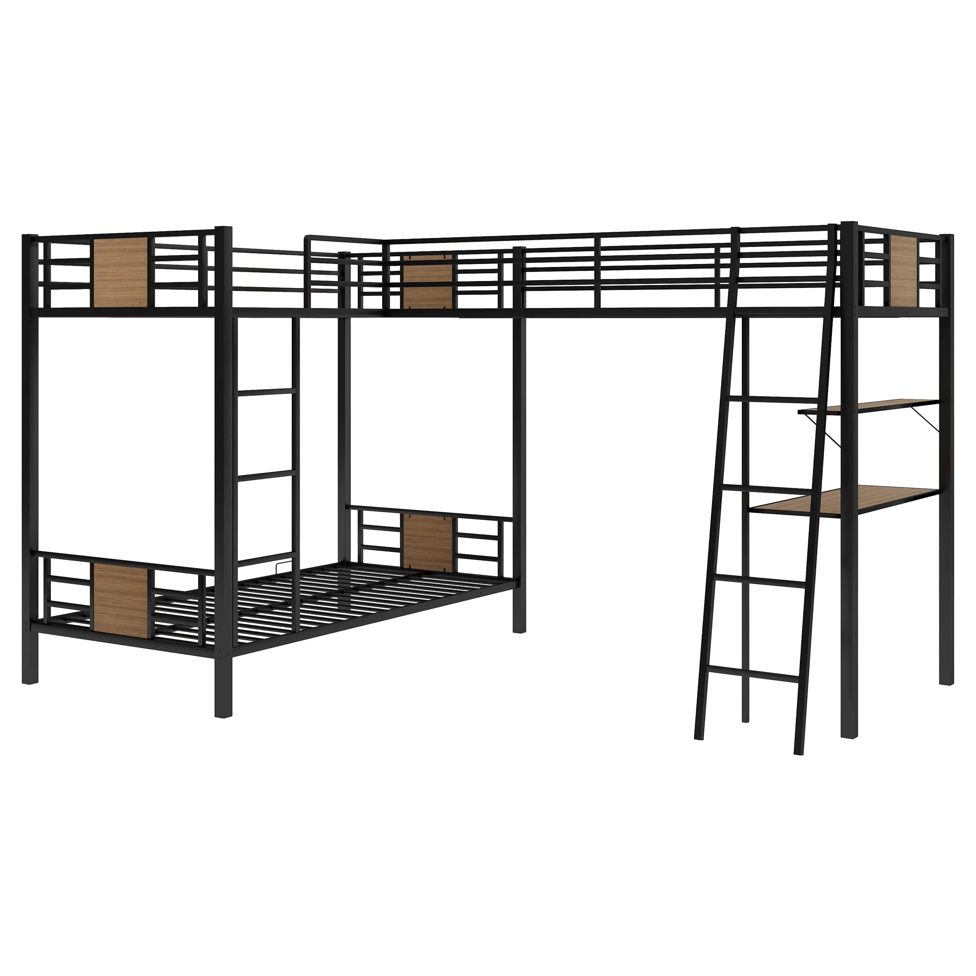 Sturdy Metal L-Shaped Triple Bunk Bed with Twin Over Twin & Loft Bed - Includes Built-in Desk & Shelves - Space-Saving 3-Tier Bunk Bed for Kids, Teens & Adults - Brown Finish - Perfect for Small Bedrooms, Dorms & Shared Kids' Rooms